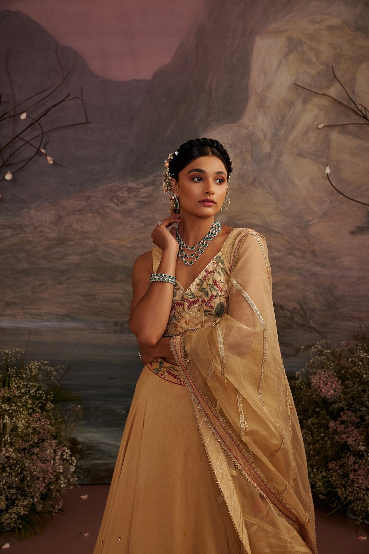 Honey Gold Embroidered Silk Lehenga Set with Crystal Bead Work