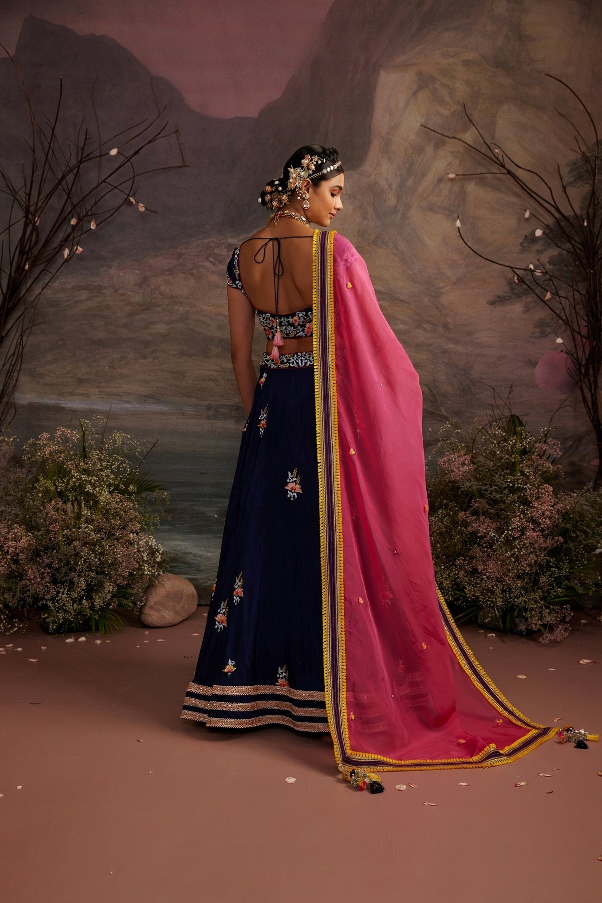 Navy Blue Embroidered Lehenga Set with 3D Floral Detailing | Antara