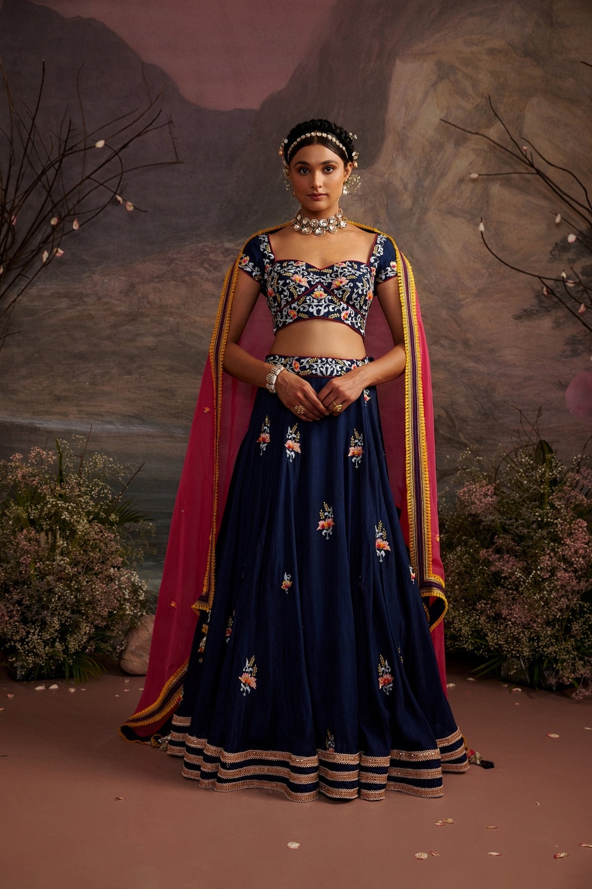 Navy Blue Embroidered Lehenga Set with 3D Floral Detailing | Antara