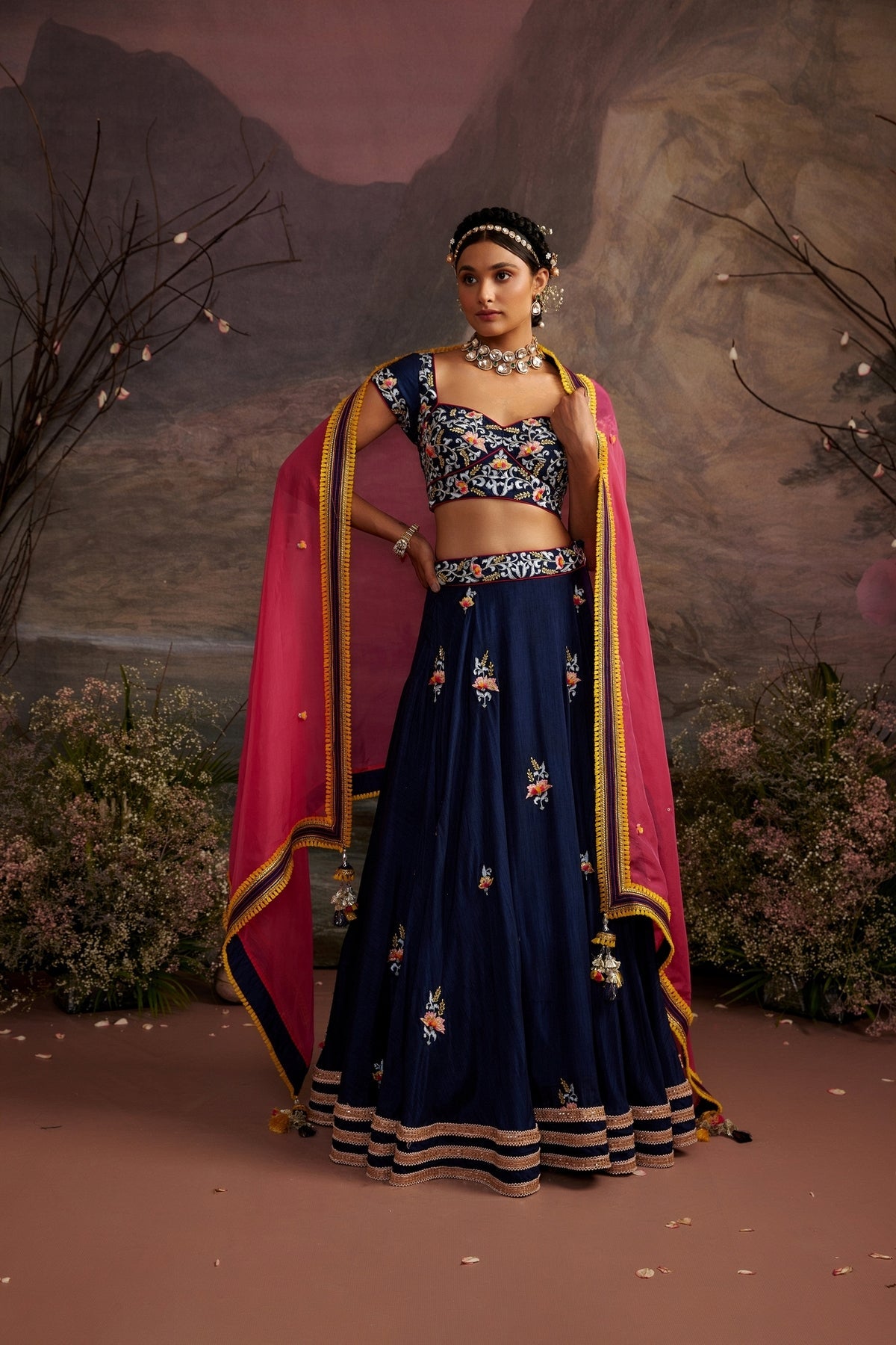 Navy Blue Embroidered Lehenga Set with 3D Floral Detailing | Antara