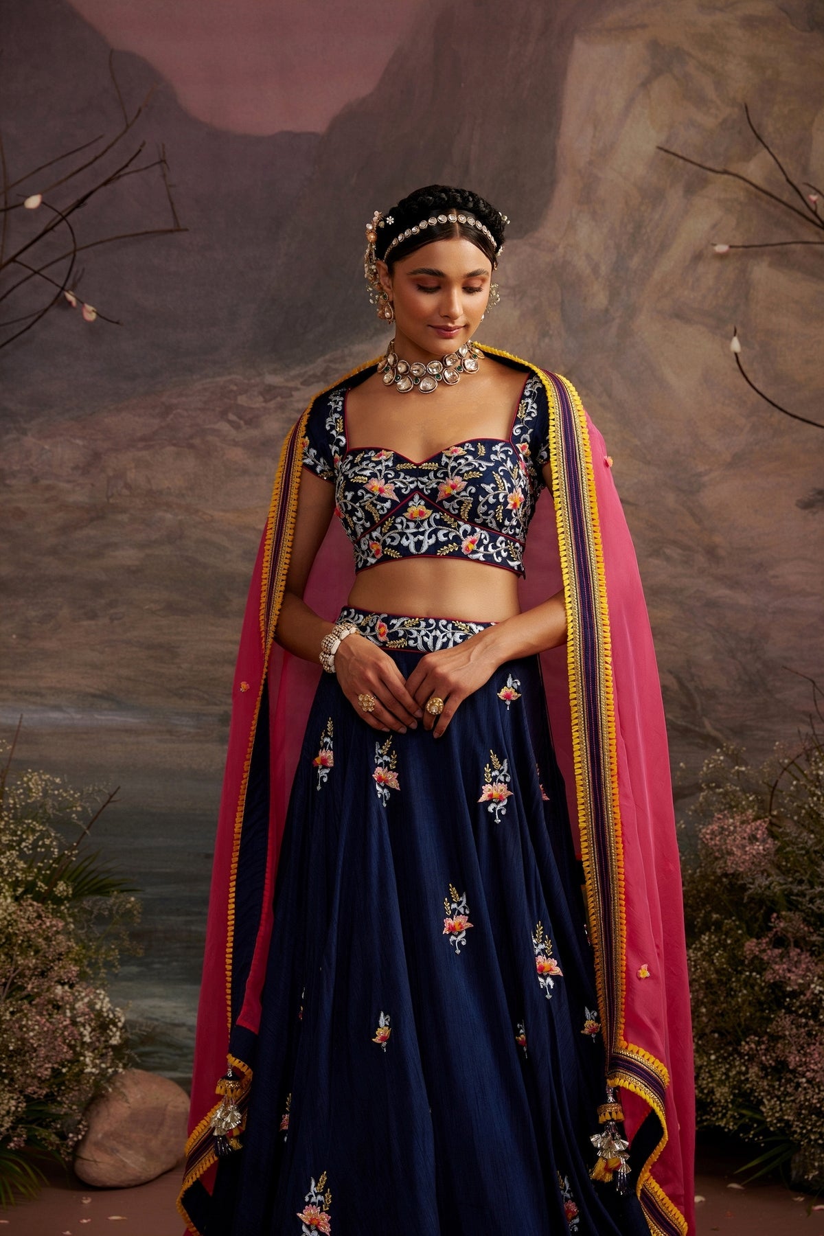 Navy Blue Embroidered Lehenga Set with 3D Floral Detailing | Antara