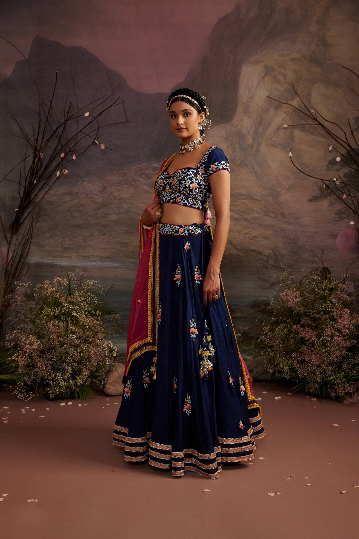 Navy Blue Embroidered Lehenga Set with 3D Floral Detailing | Antara