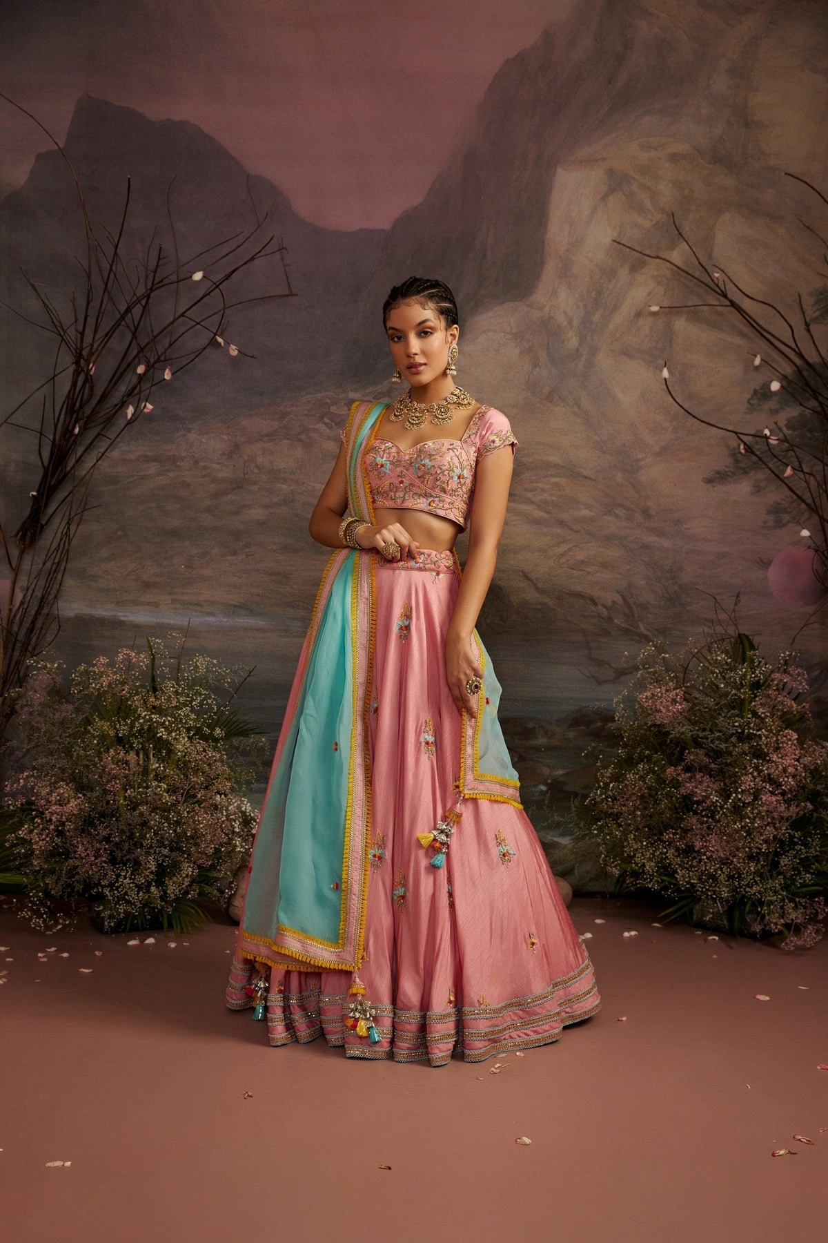 Rose Pink Embroidered Lehenga Set with 3D Floral Accents
