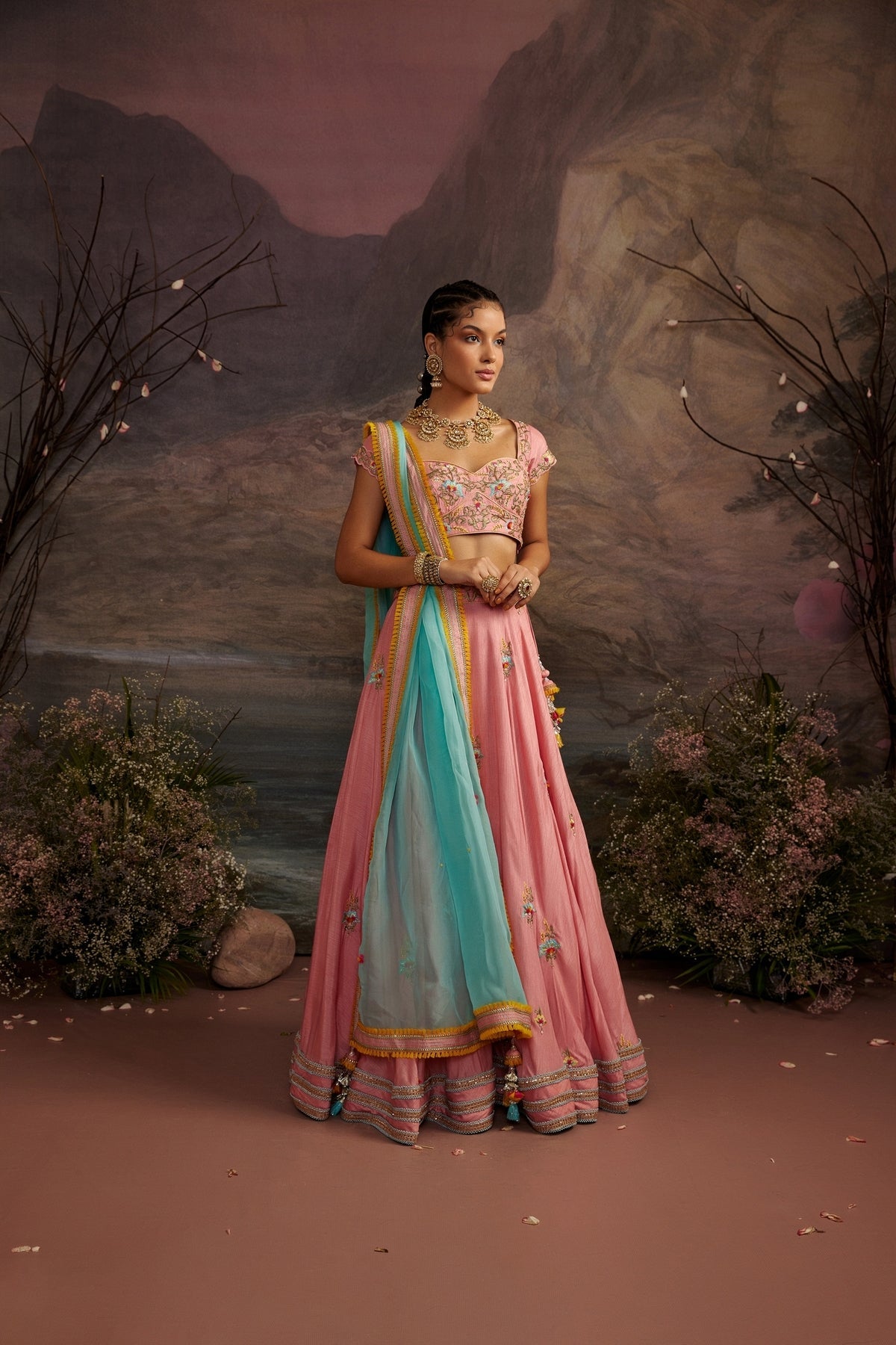 Antara Rose Pink Embroidered Lehenga Set with 3D Flower Detail