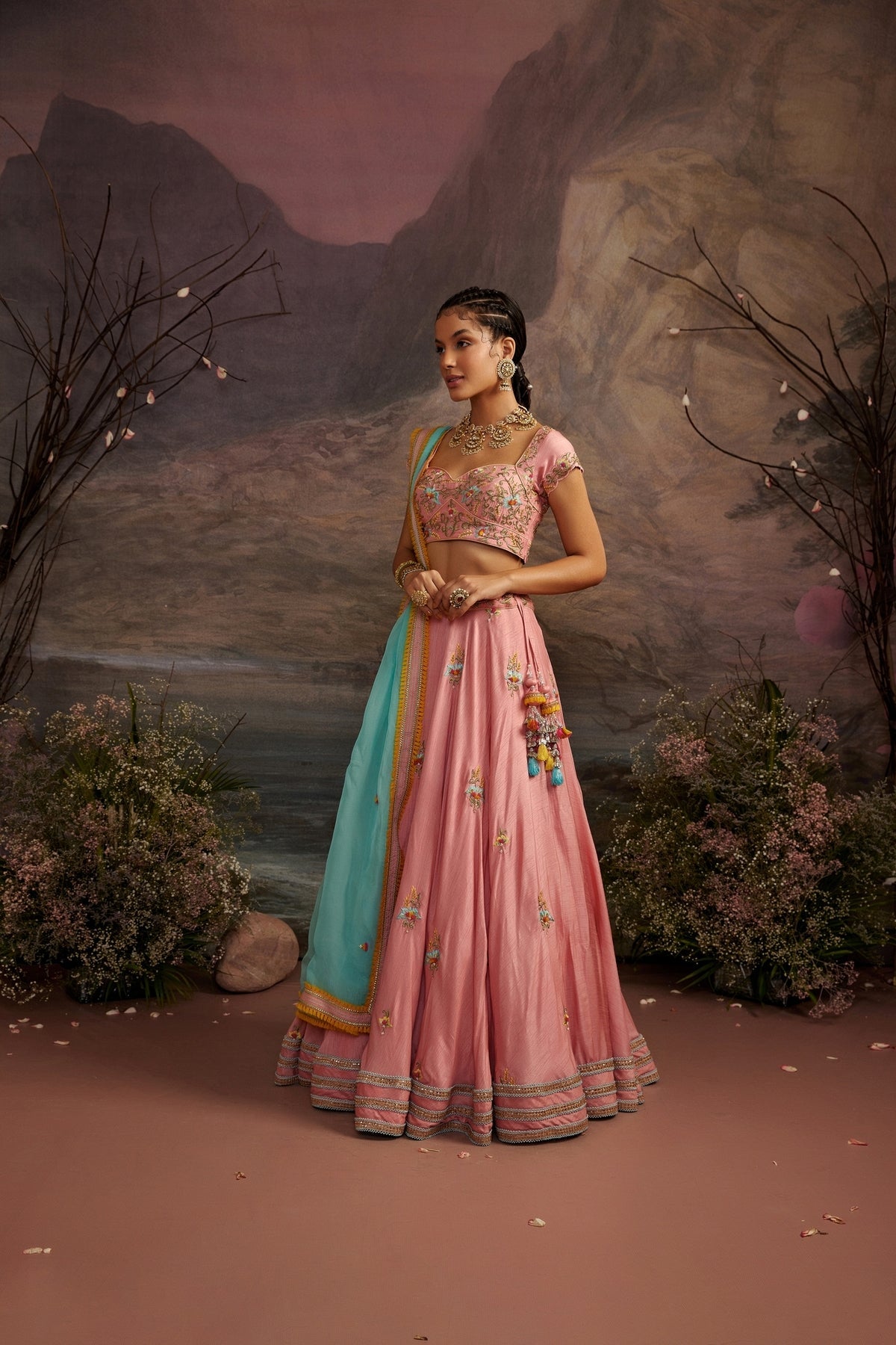 Rose Pink Embroidered Lehenga Set with 3D Floral Accents