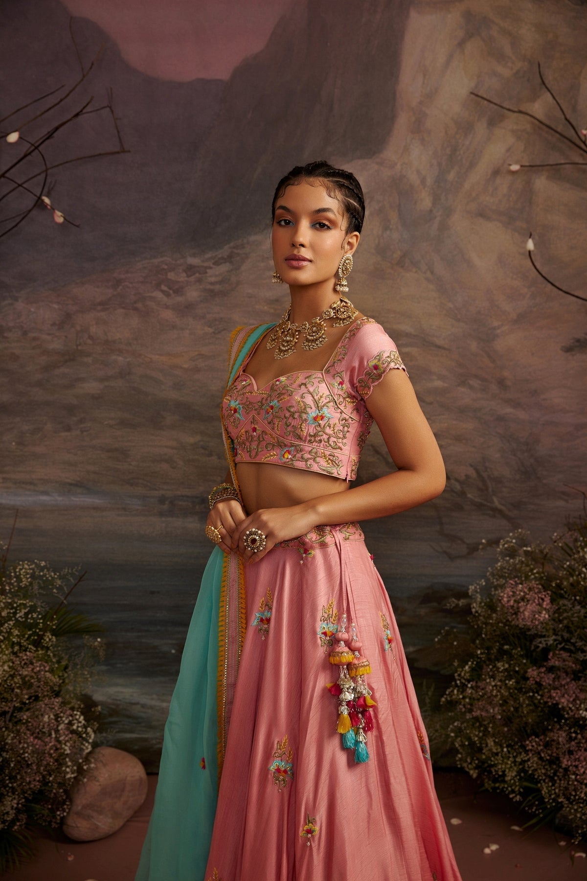 Antara Rose Pink Embroidered Lehenga Set with 3D Flower Detail