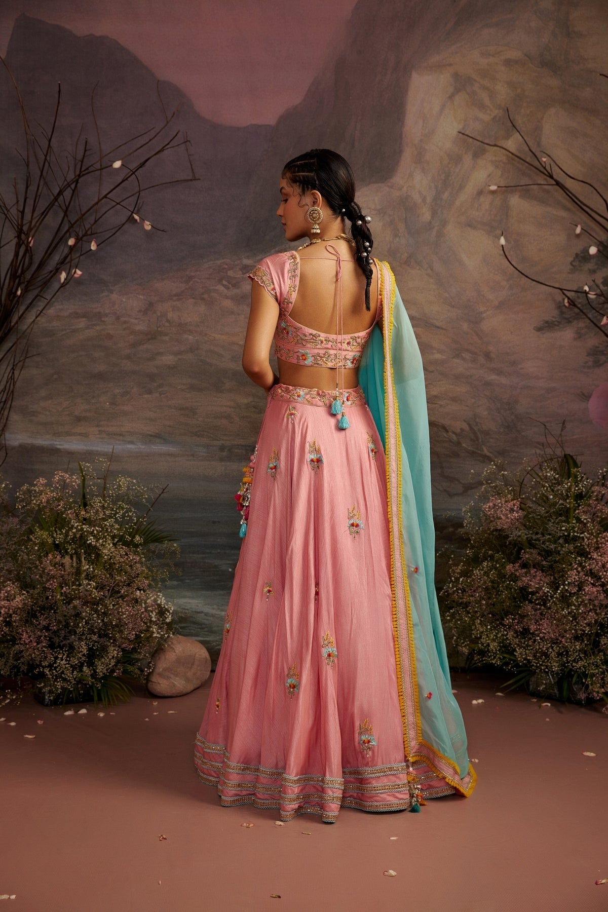 Rose Pink Embroidered Lehenga Set with 3D Floral Accents