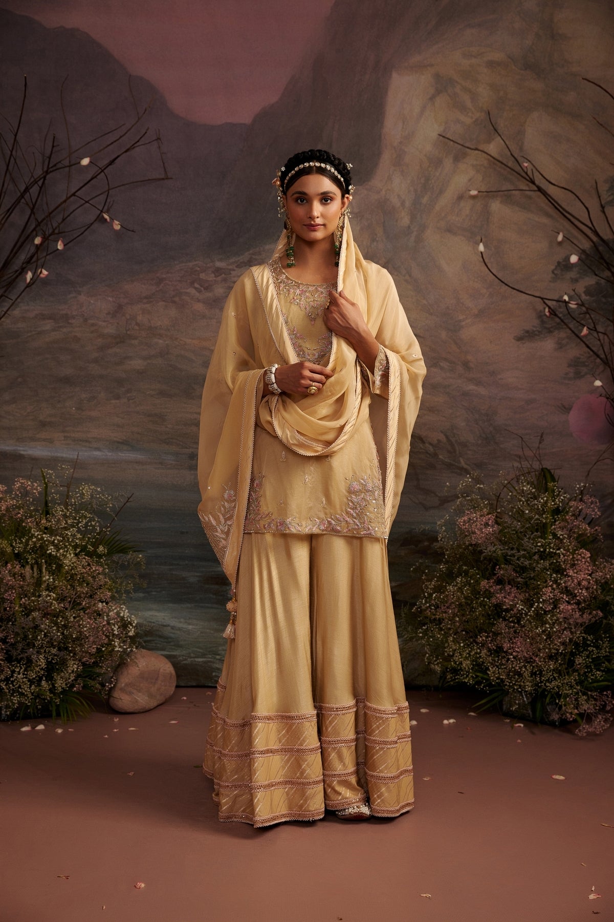 Honey Gold Embroidered Sharara Set in Structured Dupion Silk