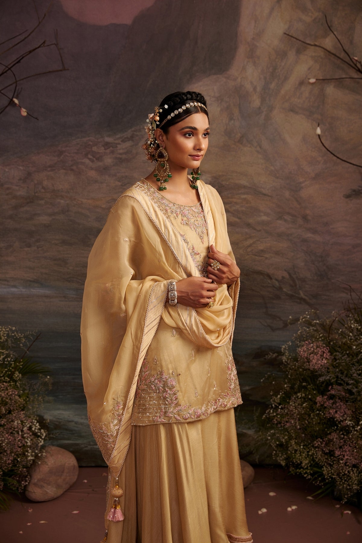 Honey Gold Embroidered Sharara Set in Structured Dupion Silk