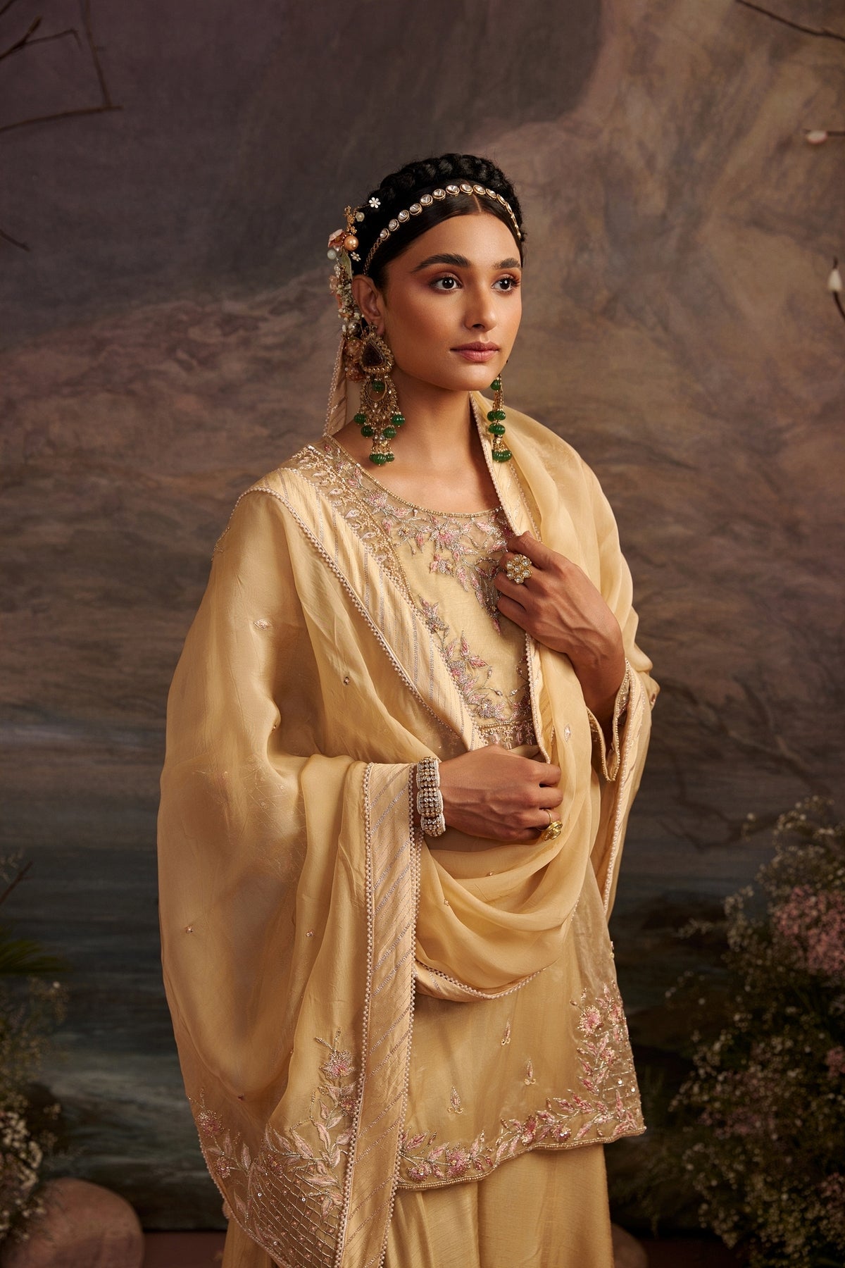 Honey Gold Embroidered Sharara Set in Structured Dupion Silk