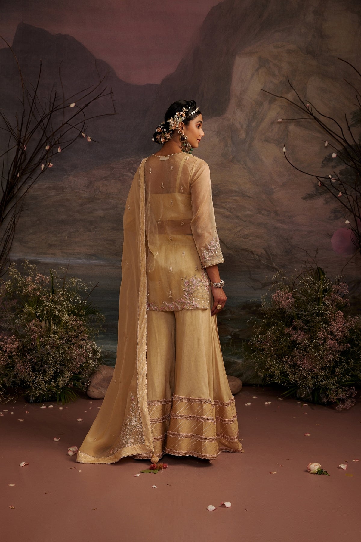 Honey Gold Embroidered Sharara Set in Structured Dupion Silk