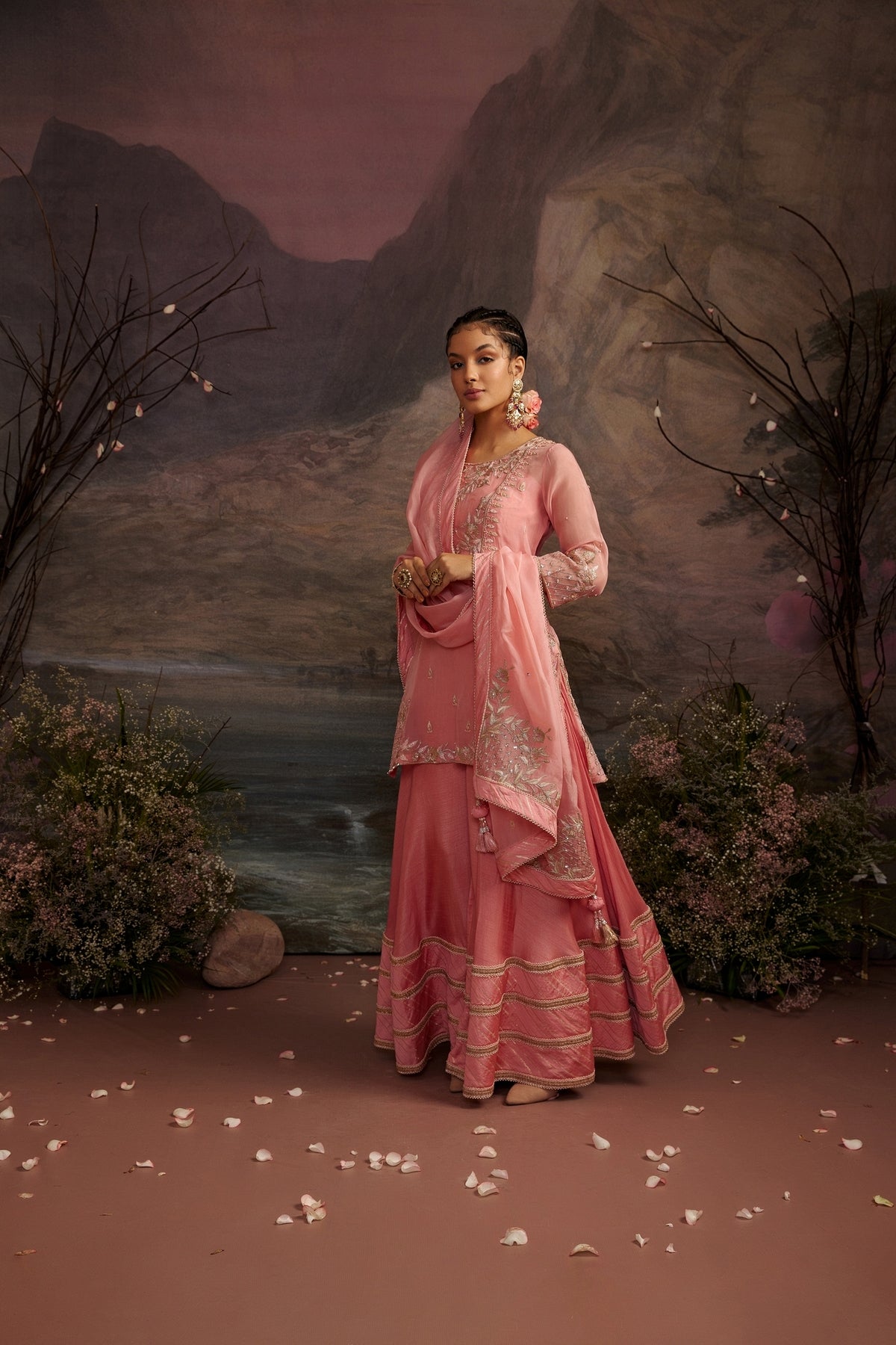 Rose Pink Embroidered Dupion Silk Kurta with Lace Sharara Set