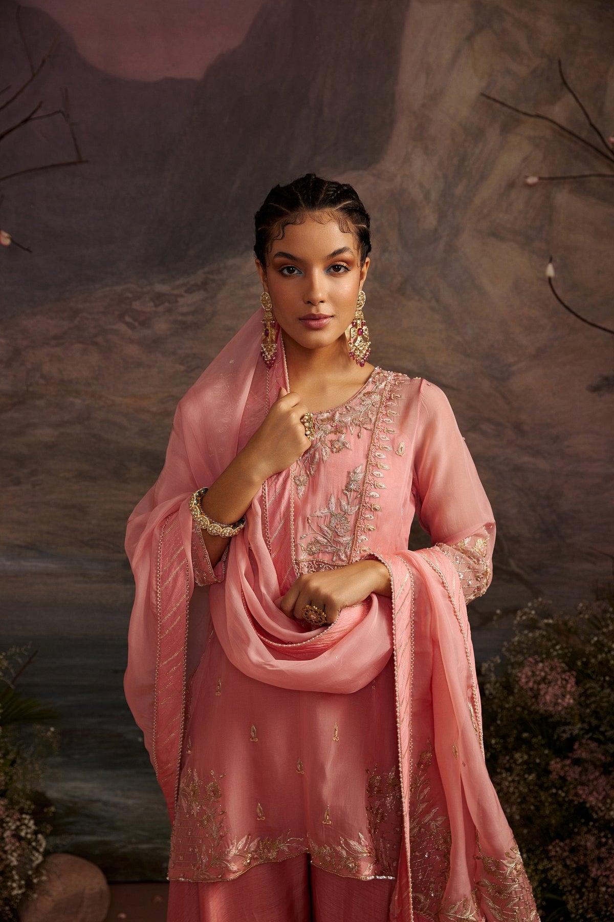 Rose Pink Embroidered Dupion Silk Kurta with Lace Sharara Set