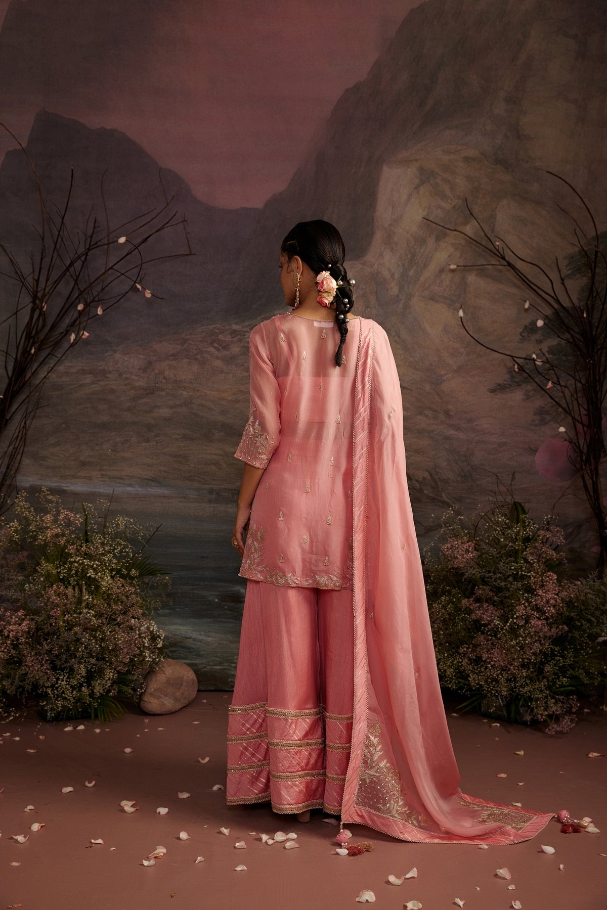 Rose Pink Embroidered Dupion Silk Kurta with Lace Sharara Set