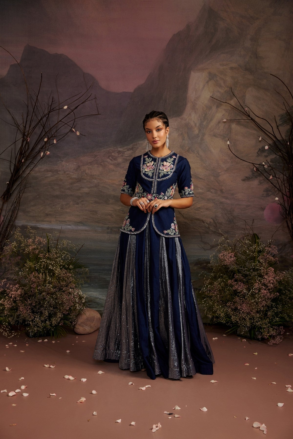 Hoor Navy Blue Embroidered Jacket and Shimmer Skirt Set