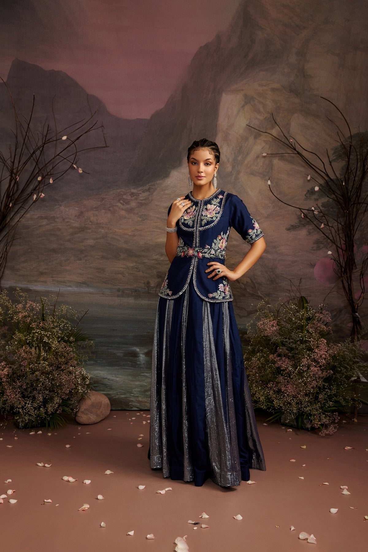 Hoor Navy Blue Embroidered Jacket and Shimmer Skirt Set