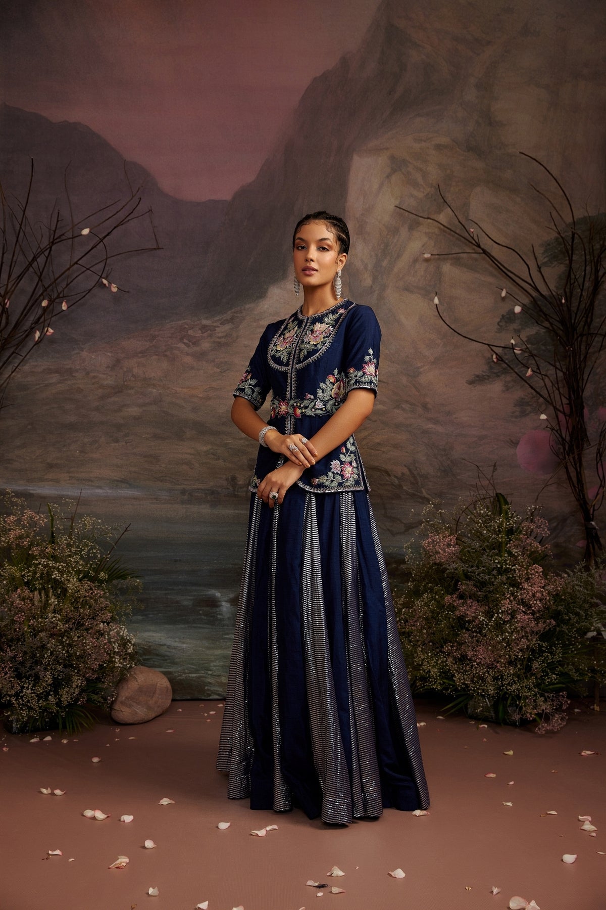 Hoor Navy Blue Embroidered Jacket and Shimmer Skirt Set