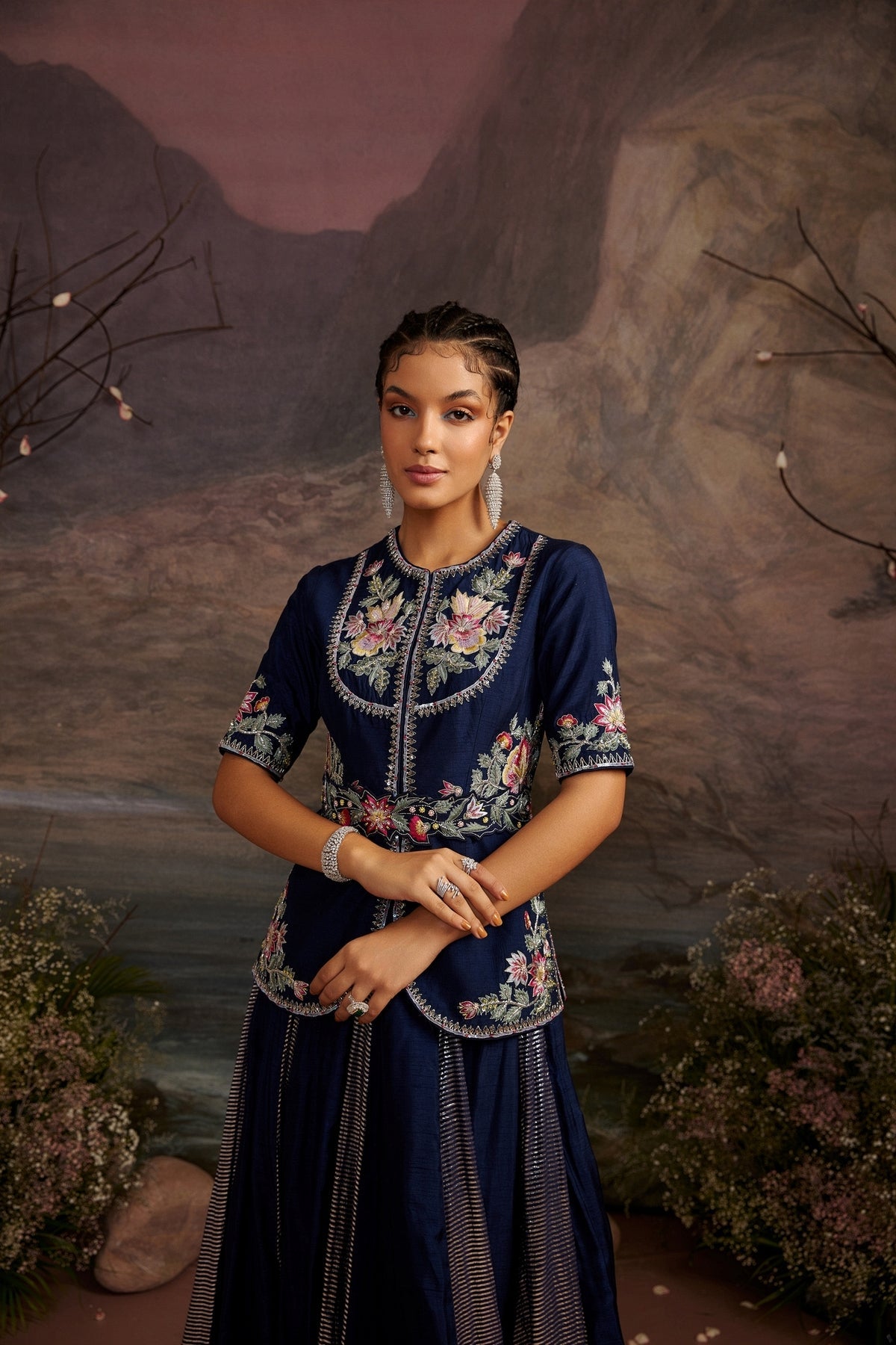 Hoor Navy Blue Embroidered Jacket and Shimmer Skirt Set