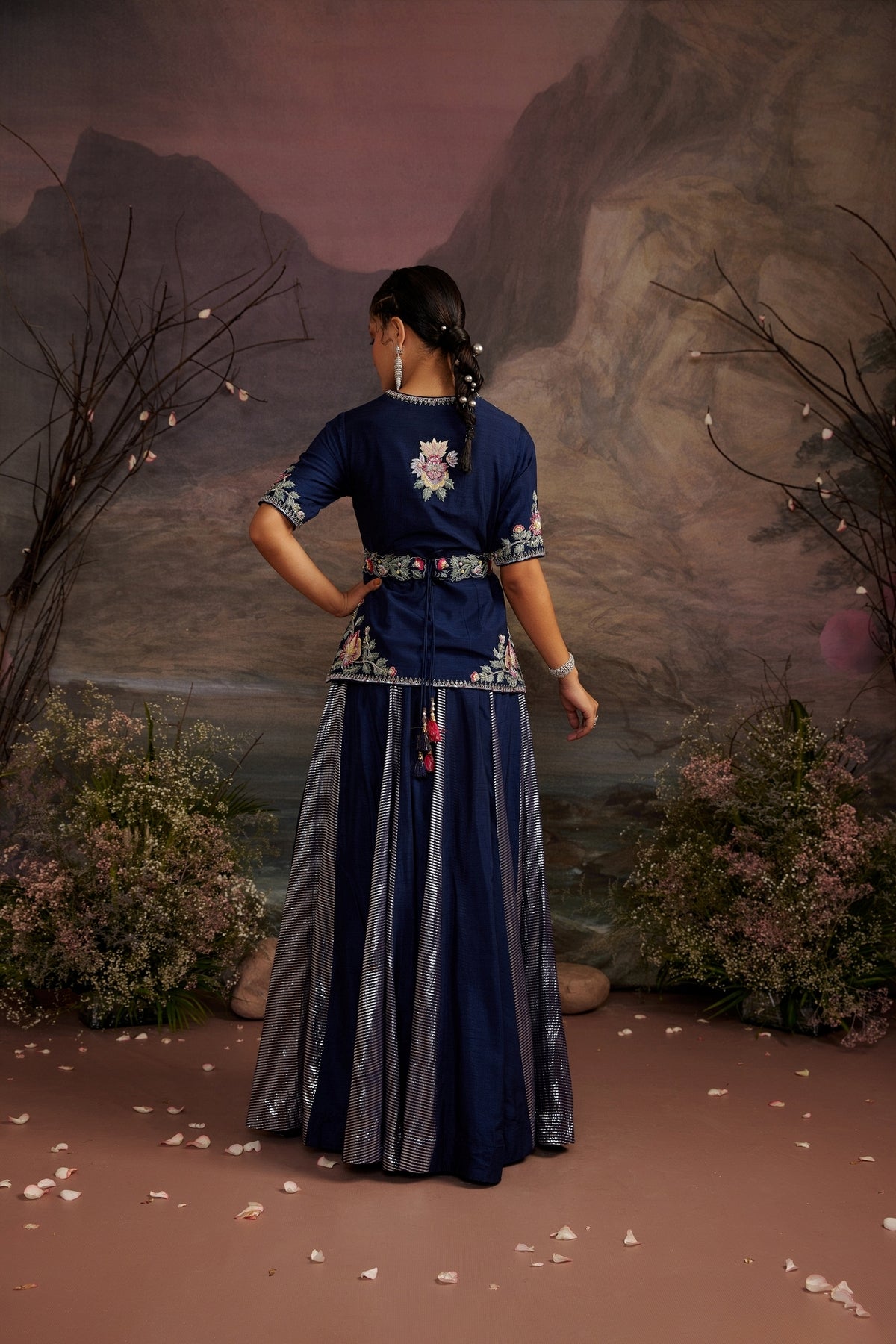 Hoor Navy Blue Embroidered Jacket and Shimmer Skirt Set