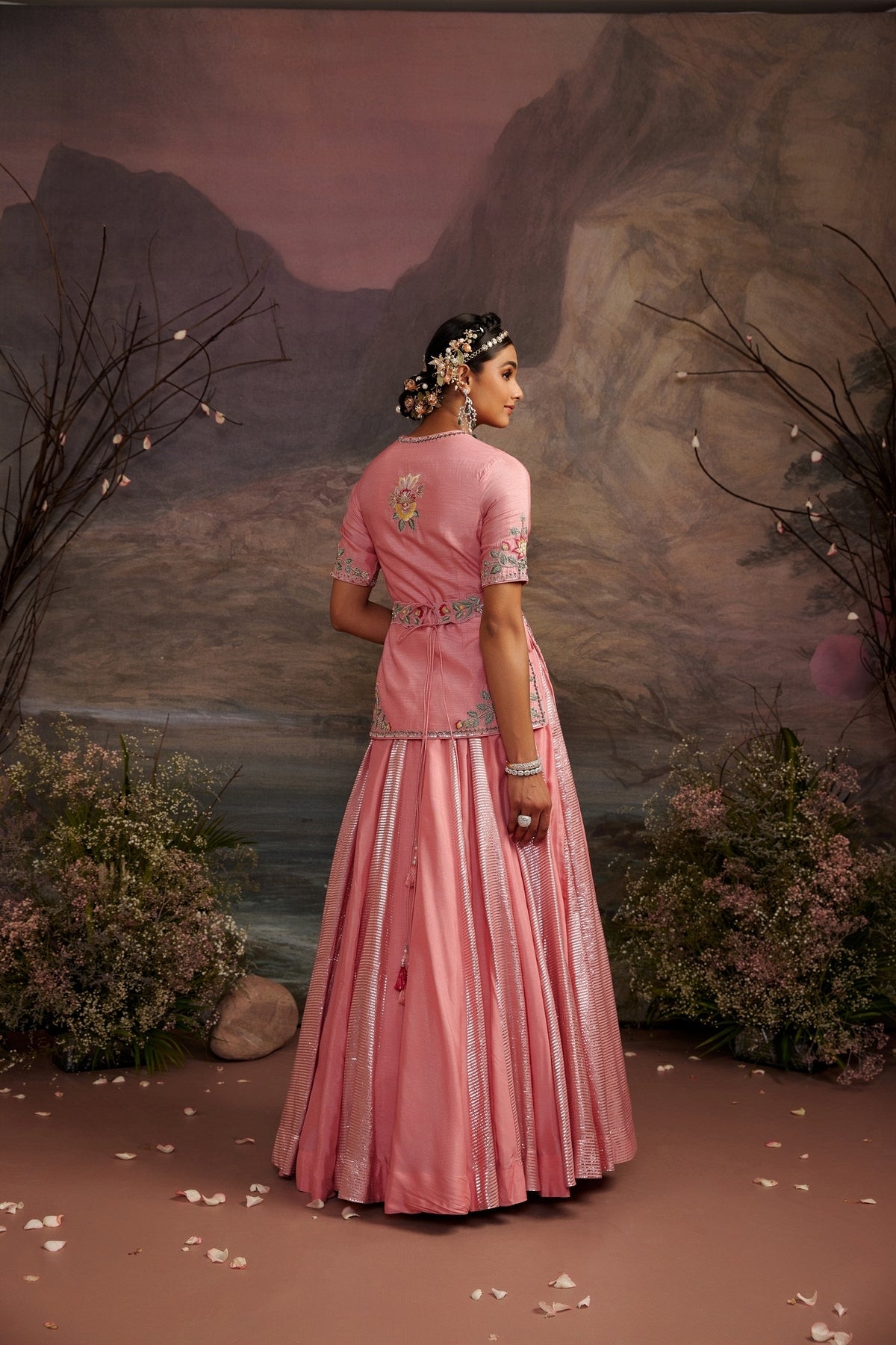 Hoor Rose Pink Embroidered Jacket and Shimmer Skirt Set