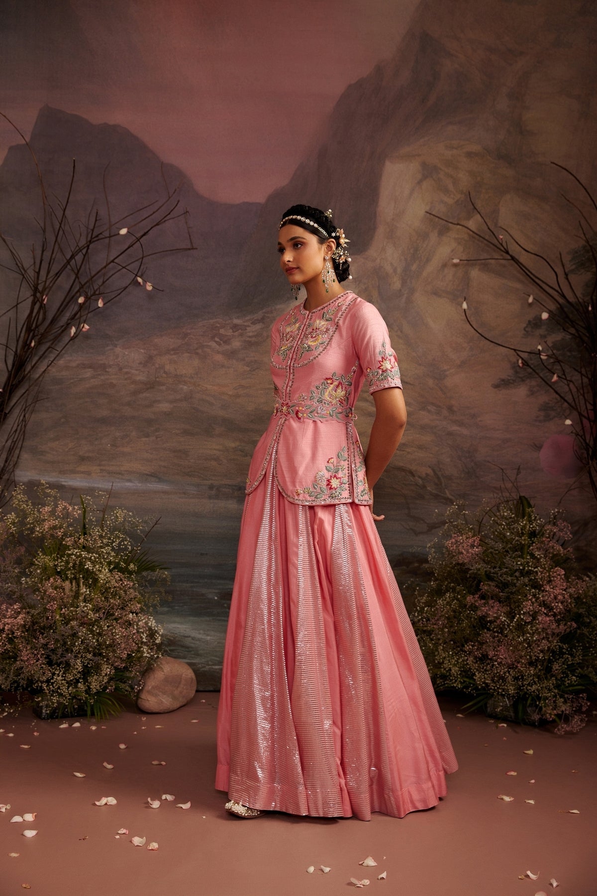 Hoor Rose Pink Embroidered Jacket and Shimmer Skirt Set