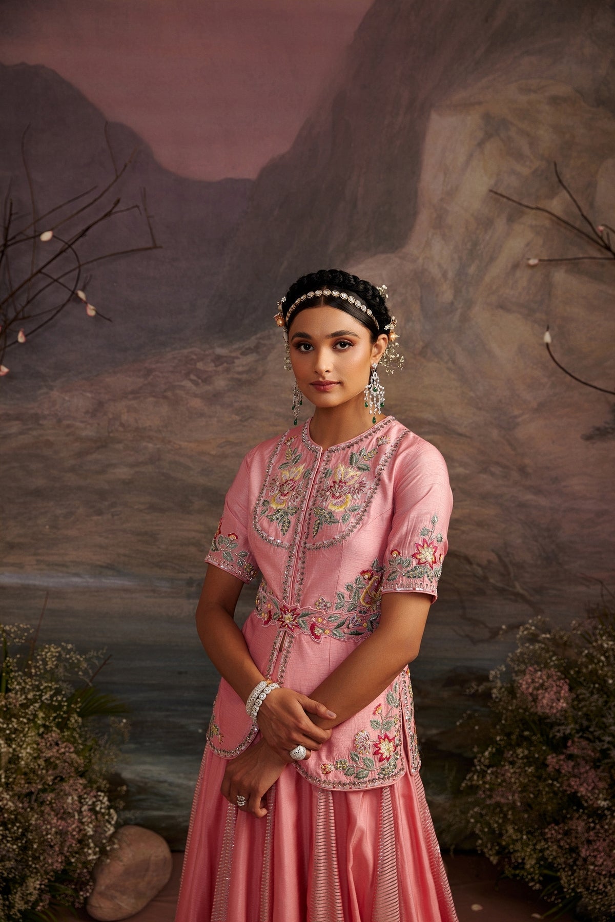 Hoor Rose Pink Embroidered Jacket and Shimmer Skirt Set
