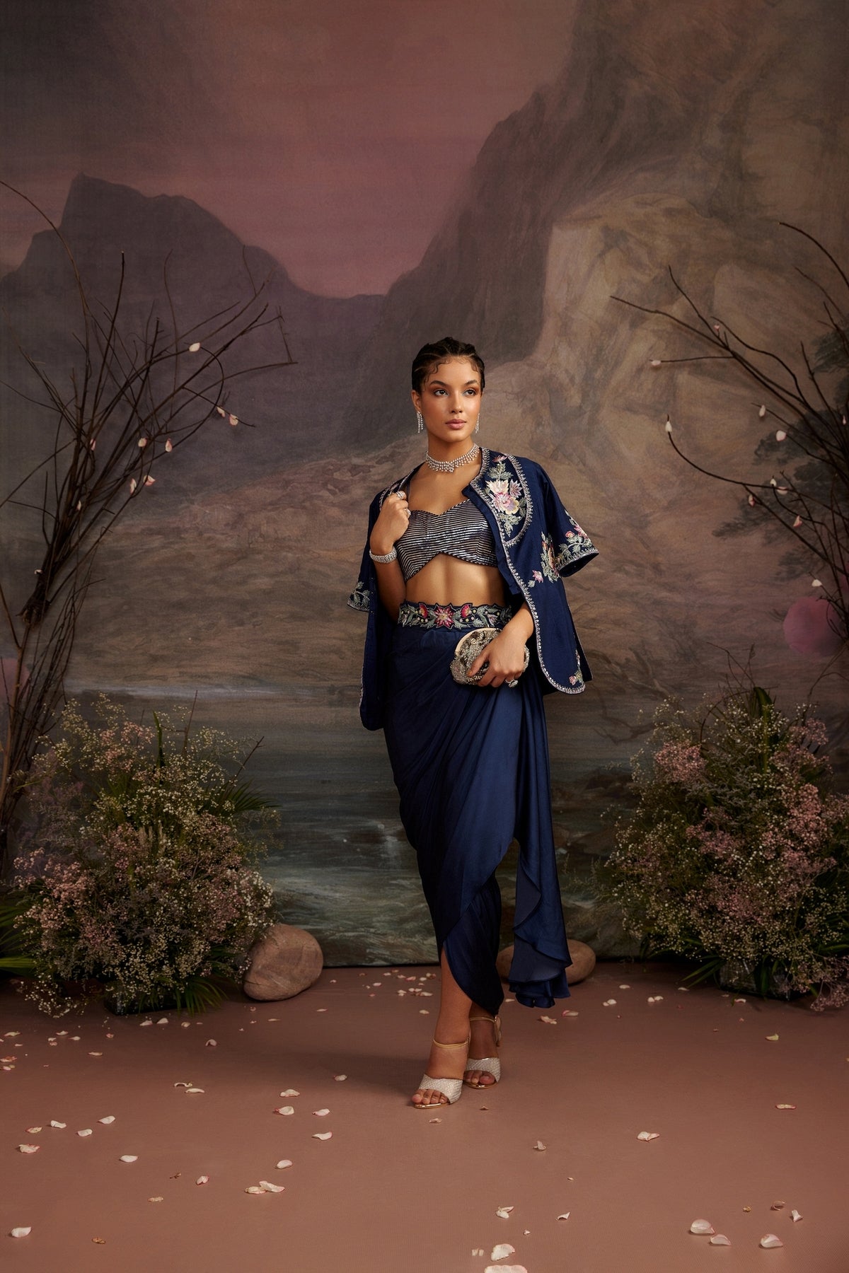 Navy Blue Embroidered Jacket and Modal Silk Satin Skirt Set | Heer