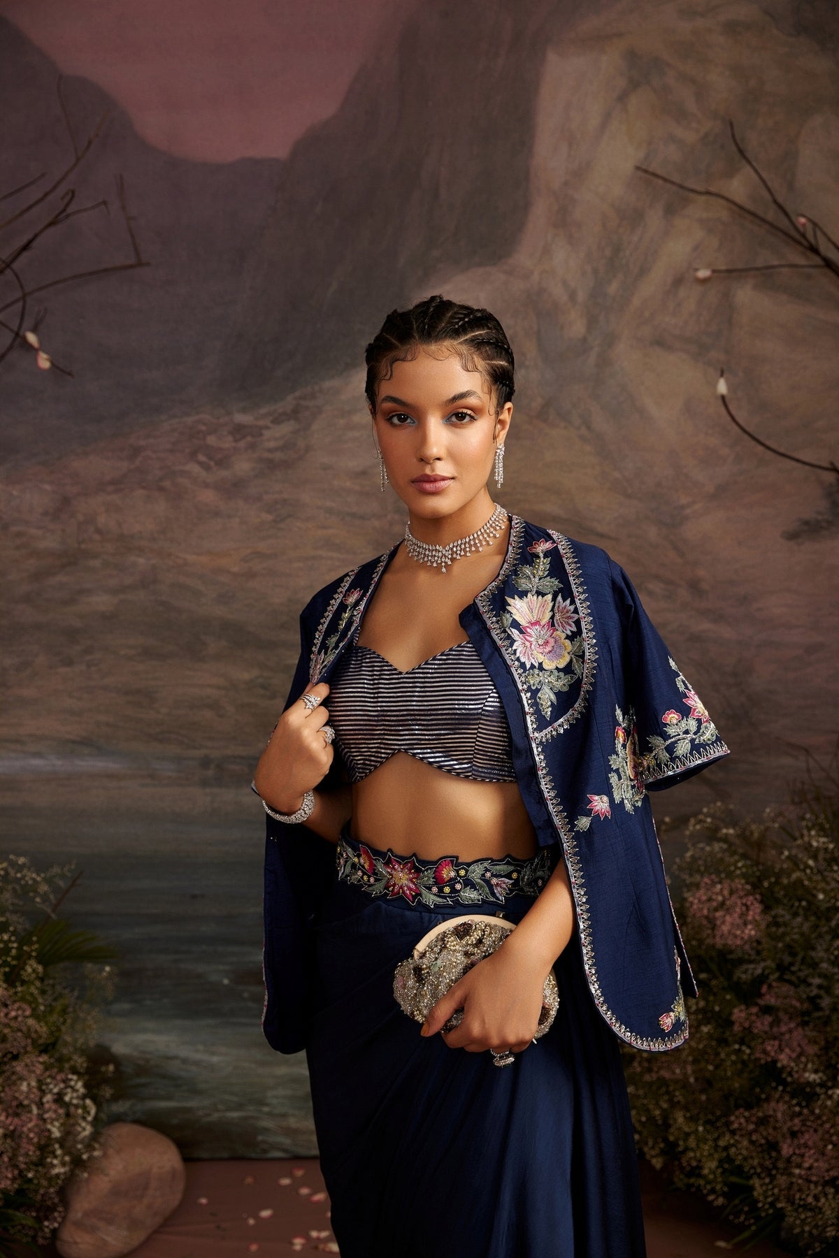 Navy Blue Embroidered Jacket and Modal Silk Satin Skirt Set | Heer