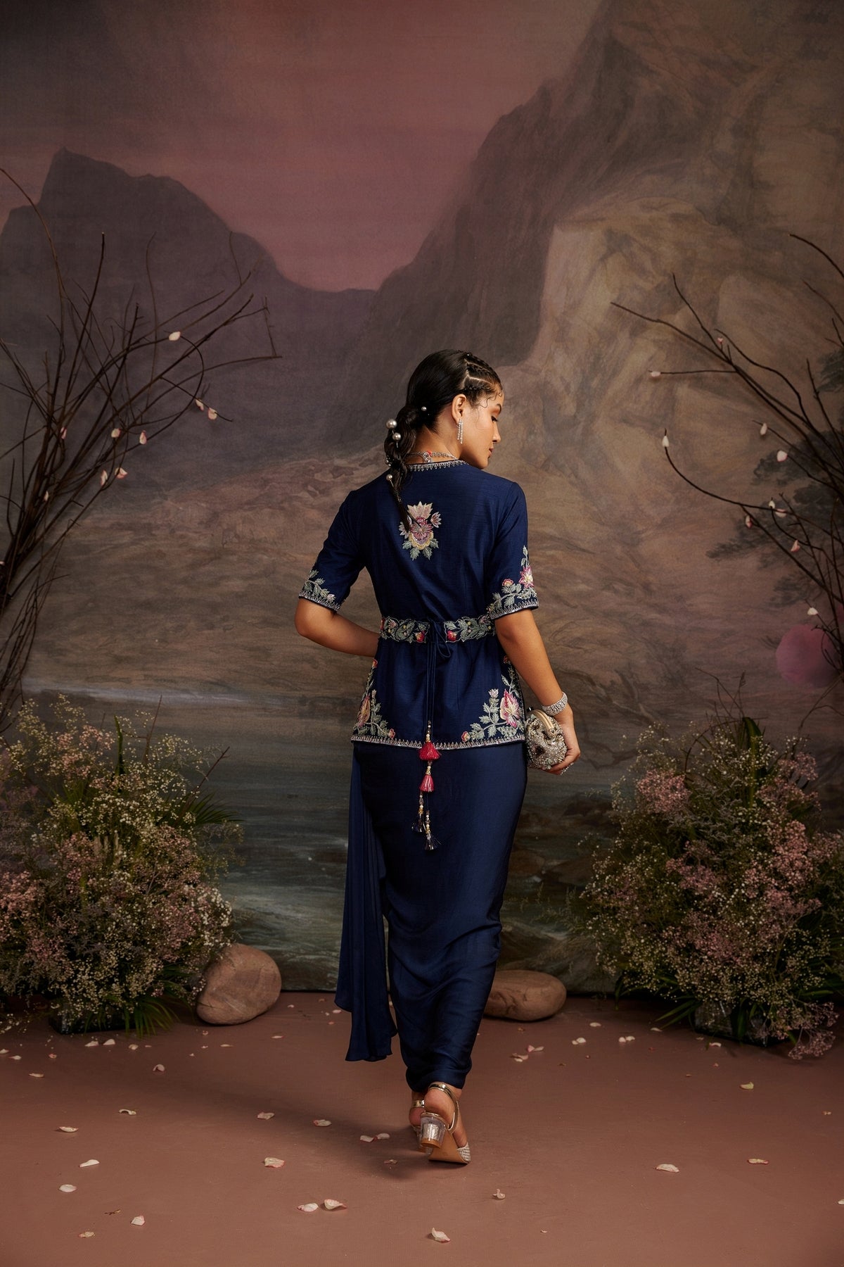 Navy Blue Embroidered Jacket and Modal Silk Satin Skirt Set | Heer