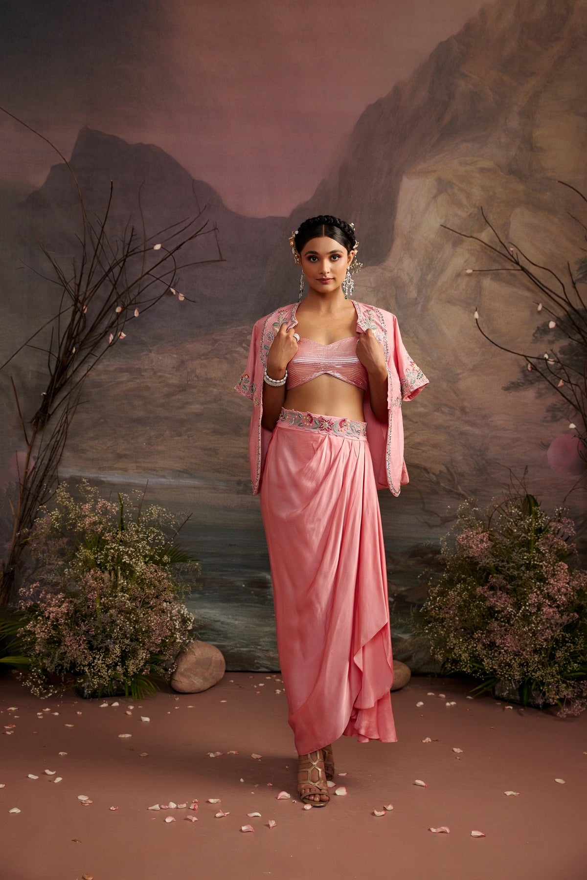 Rose Pink Embroidered Jacket and Pic and Drop Skirt Set