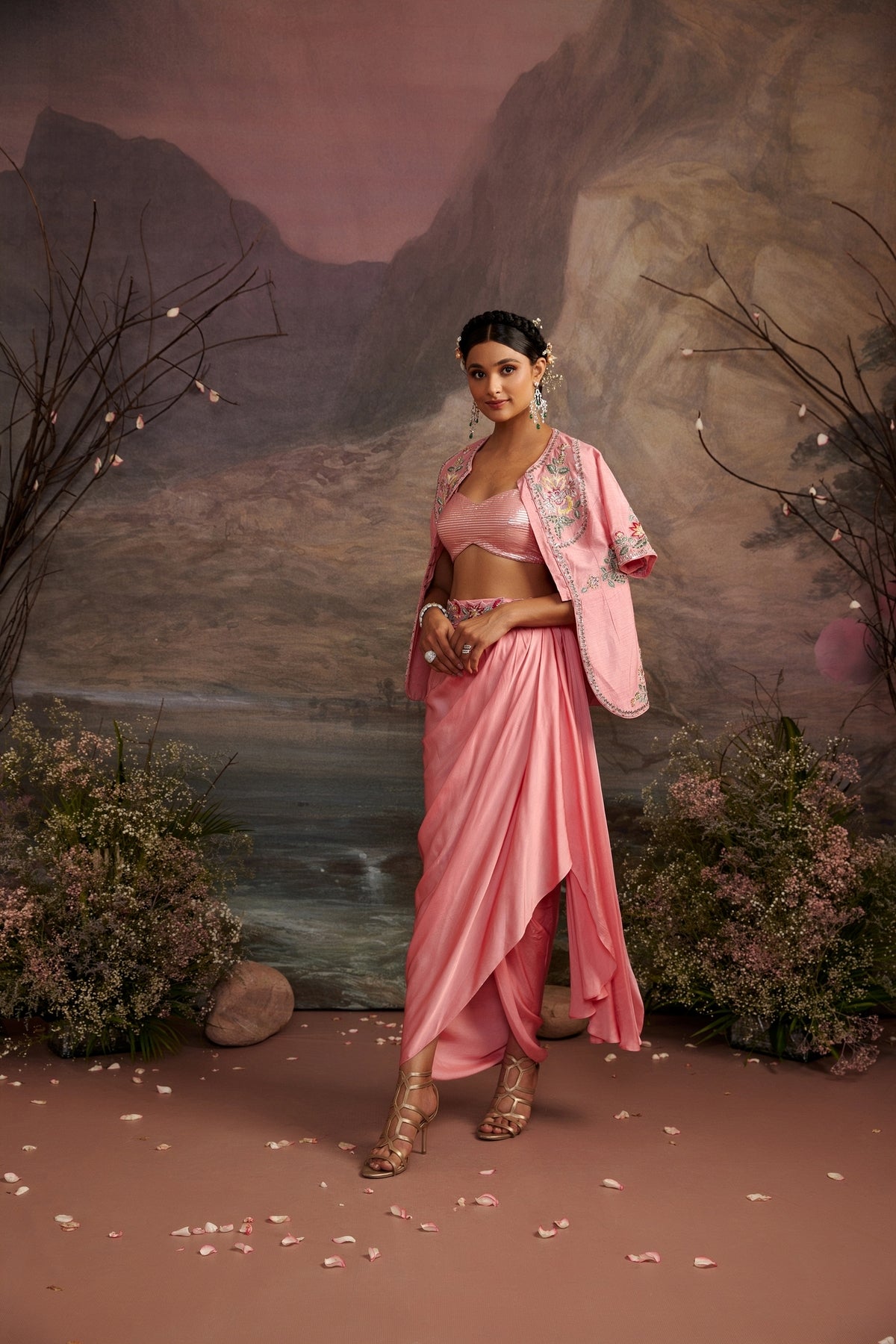 Rose Pink Embroidered Jacket and Pic and Drop Skirt Set