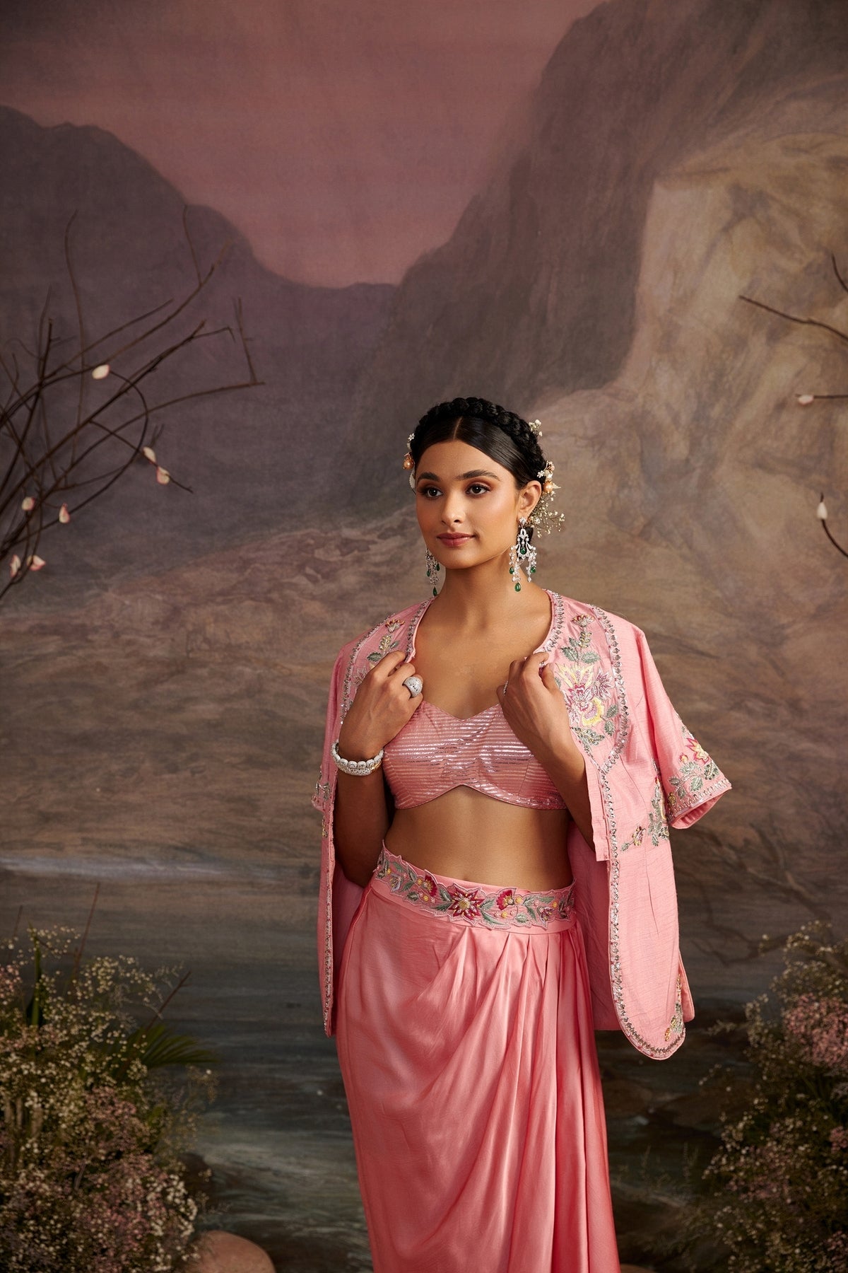 Rose Pink Embroidered Jacket and Pic and Drop Skirt Set
