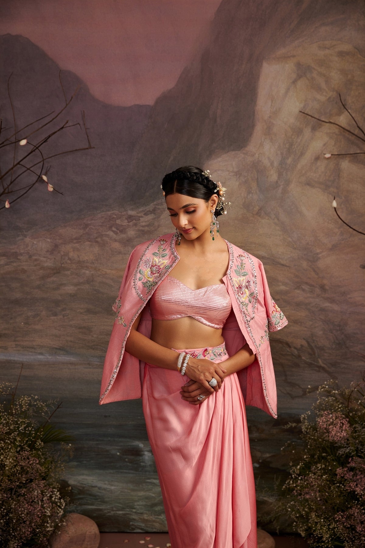 Rose Pink Embroidered Jacket and Pic and Drop Skirt Set