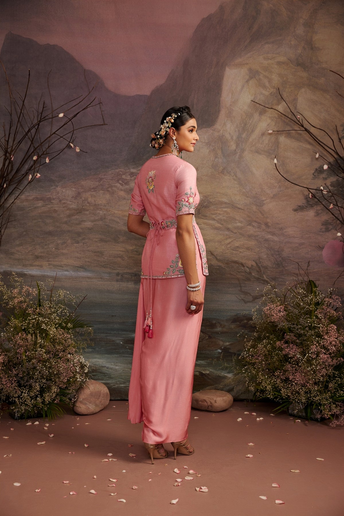 Rose Pink Embroidered Jacket and Pic and Drop Skirt Set