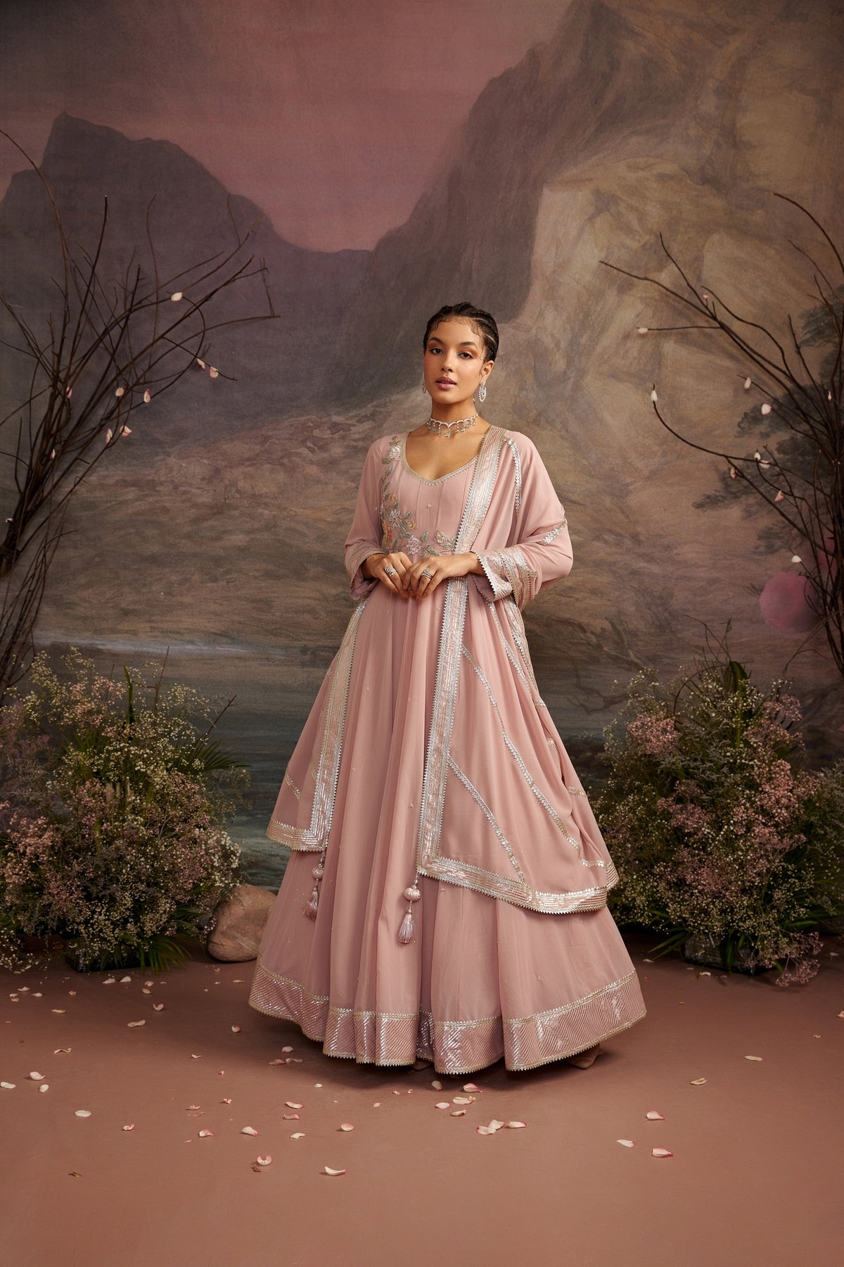 Embroidered Yoke Anarkali Set in Old Rose - Rasika Collection