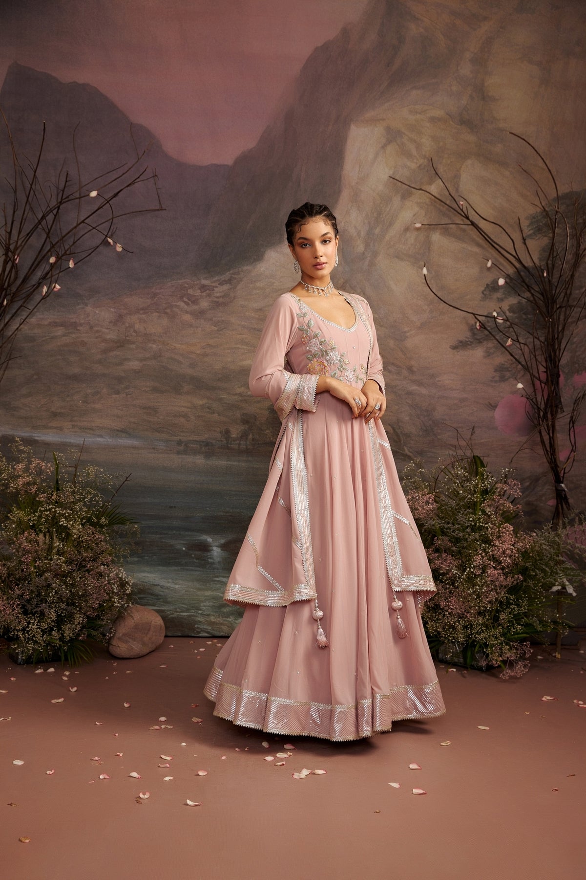 Embroidered Yoke Anarkali Set in Old Rose - Rasika Collection