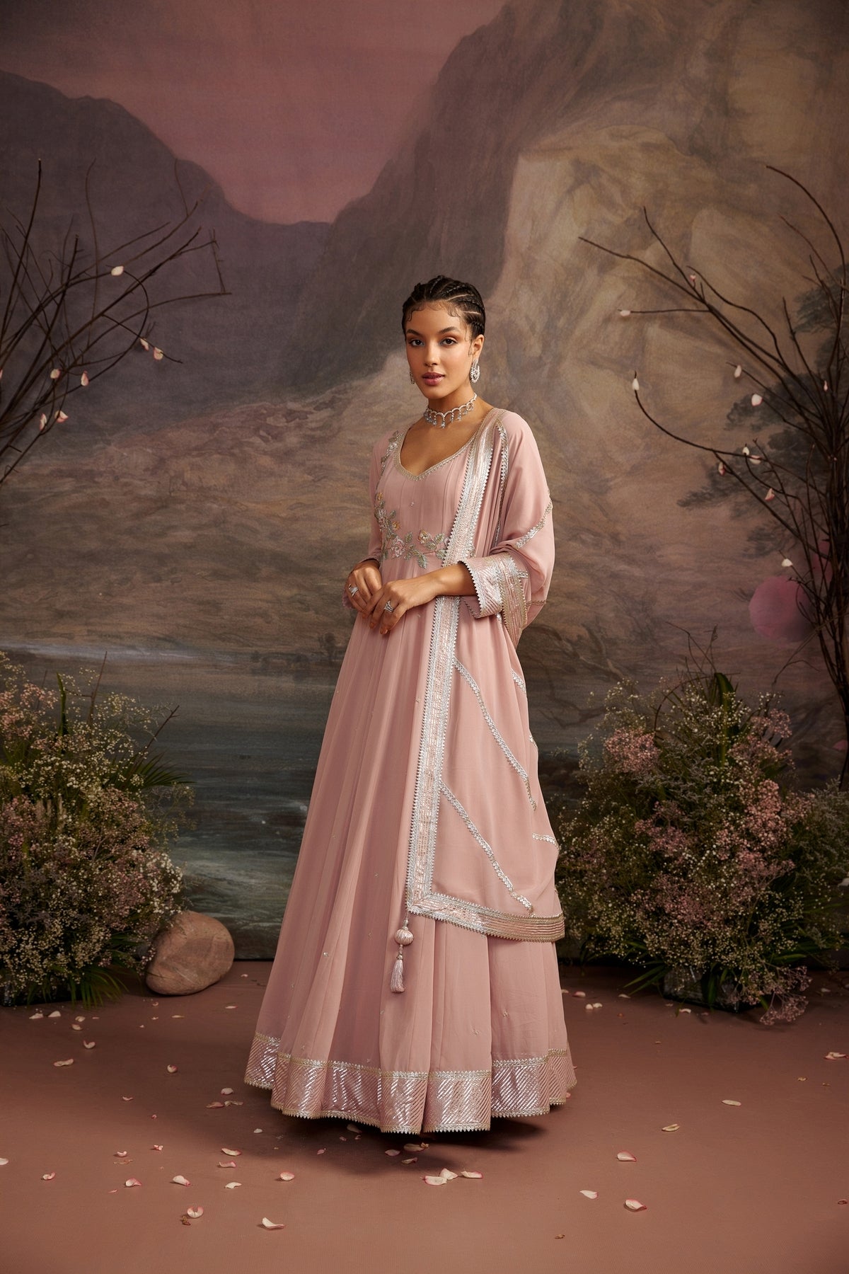 Embroidered Yoke Anarkali Set in Old Rose - Rasika Collection