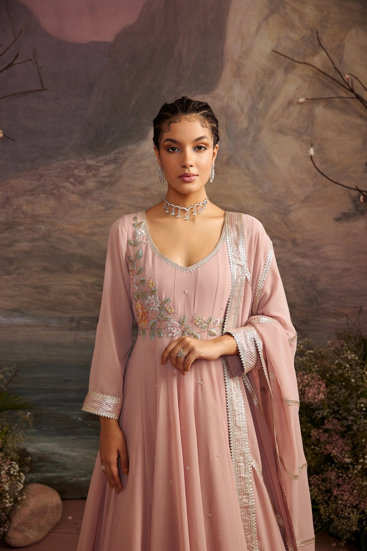 Embroidered Yoke Anarkali Set in Old Rose - Rasika Collection