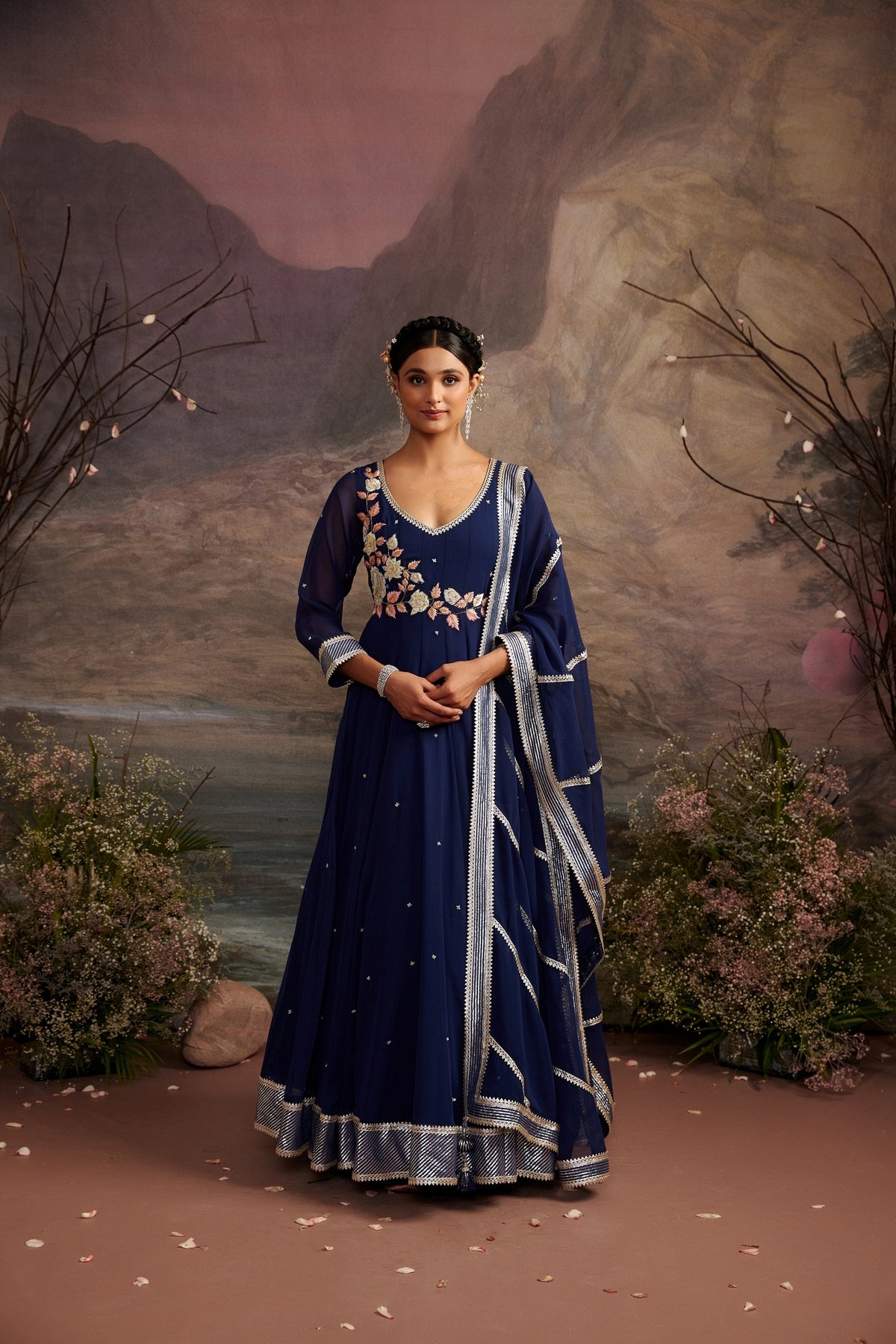 Navy Blue Embroidered Yoke Anarkali Set in Flowy Georgette