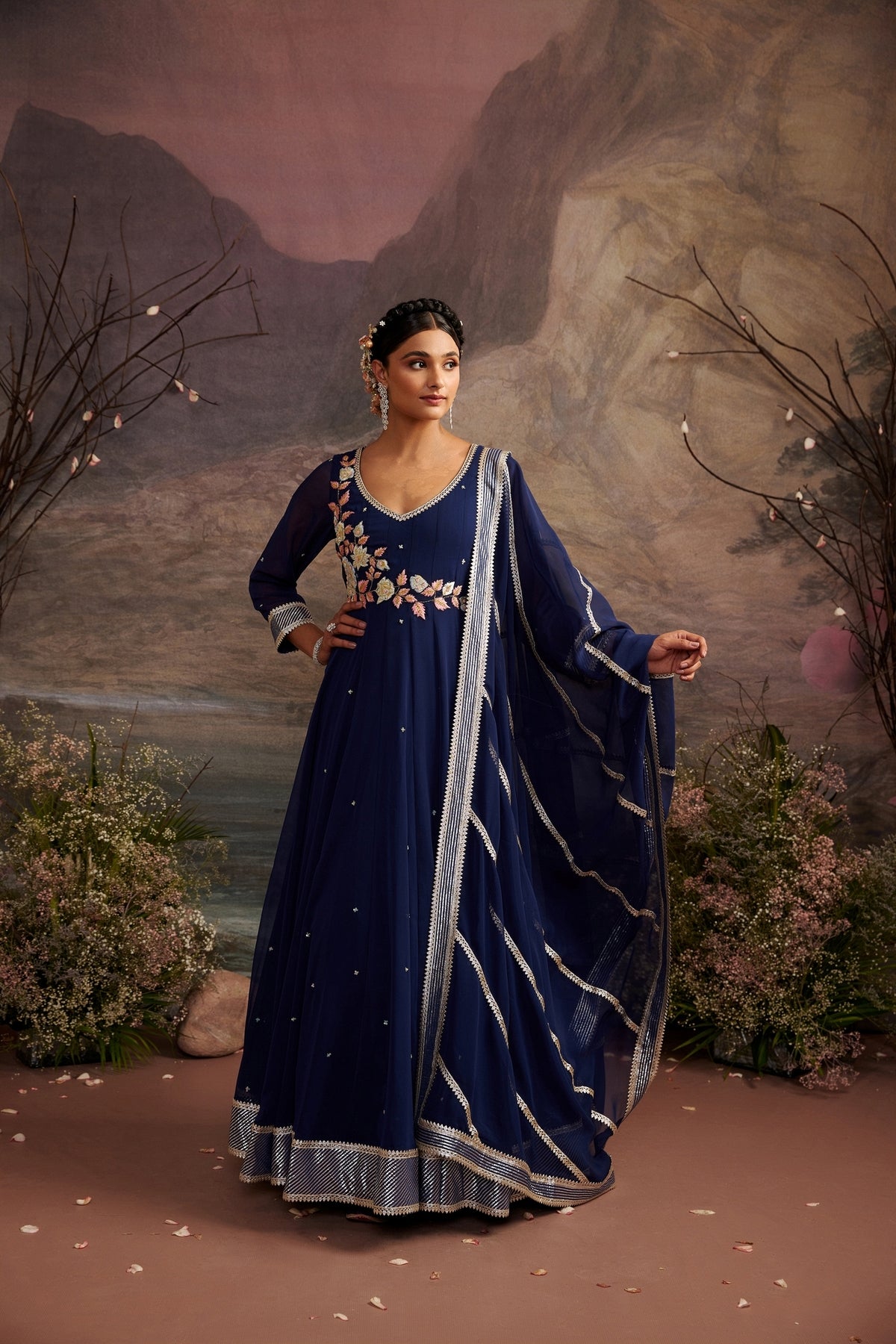 Navy Blue Embroidered Yoke Anarkali Set in Flowy Georgette