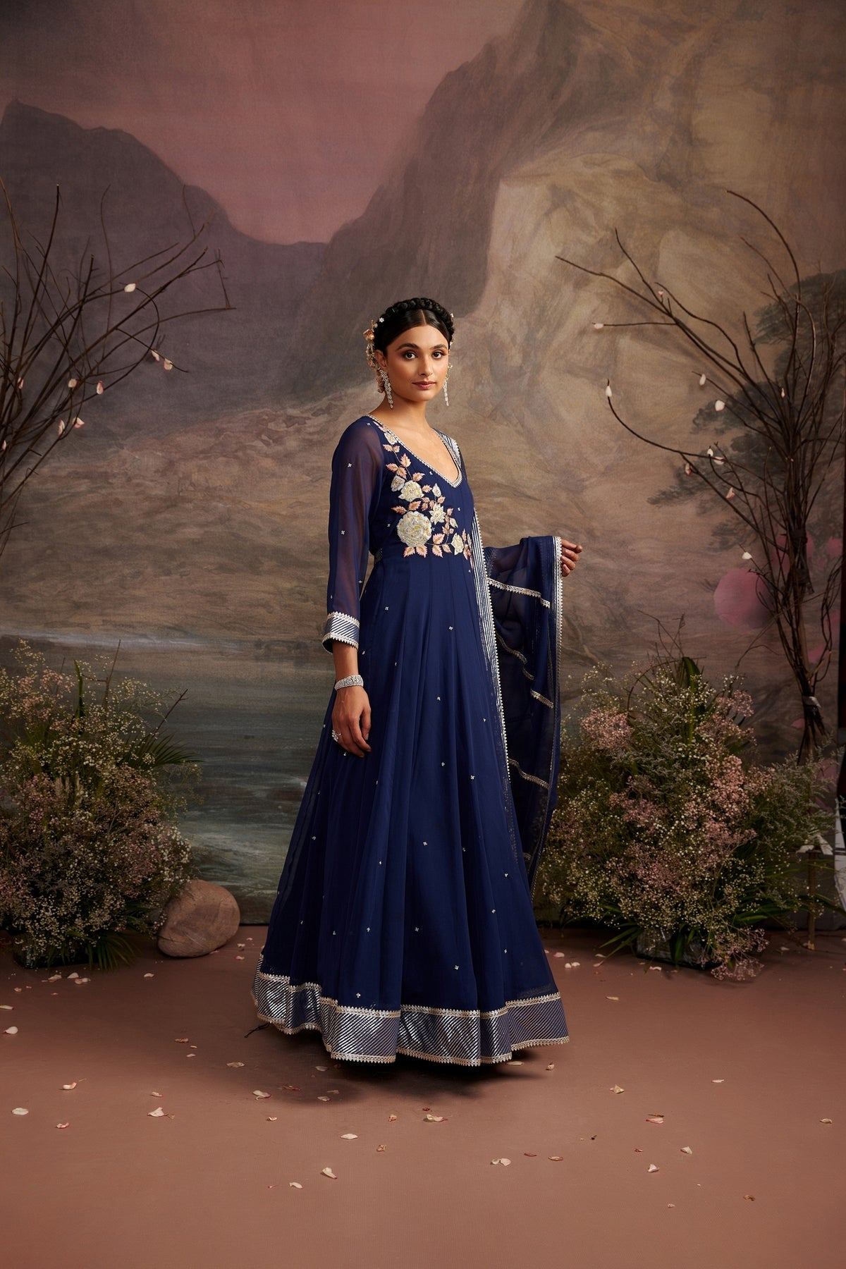 Navy Blue Embroidered Yoke Anarkali Set in Flowy Georgette