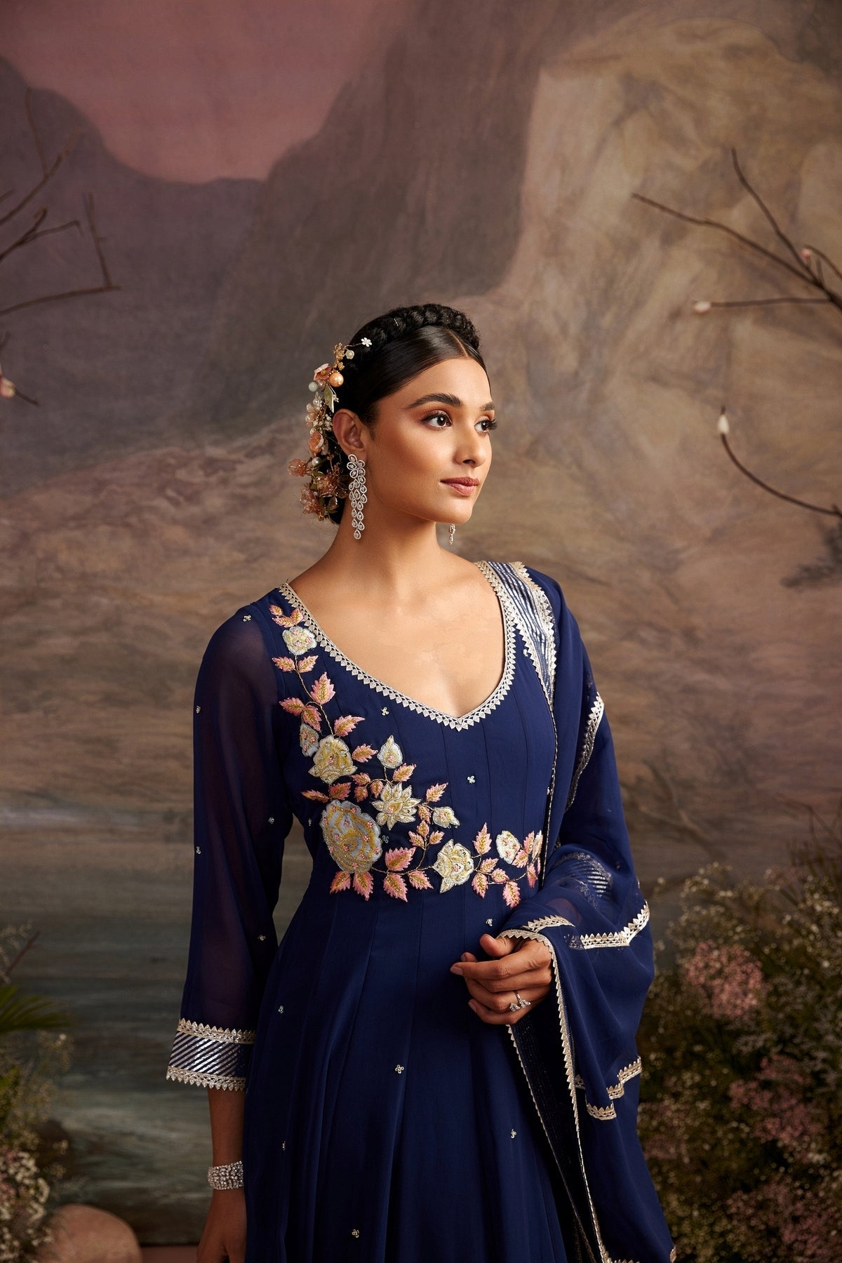 Navy Blue Embroidered Yoke Anarkali Set in Flowy Georgette
