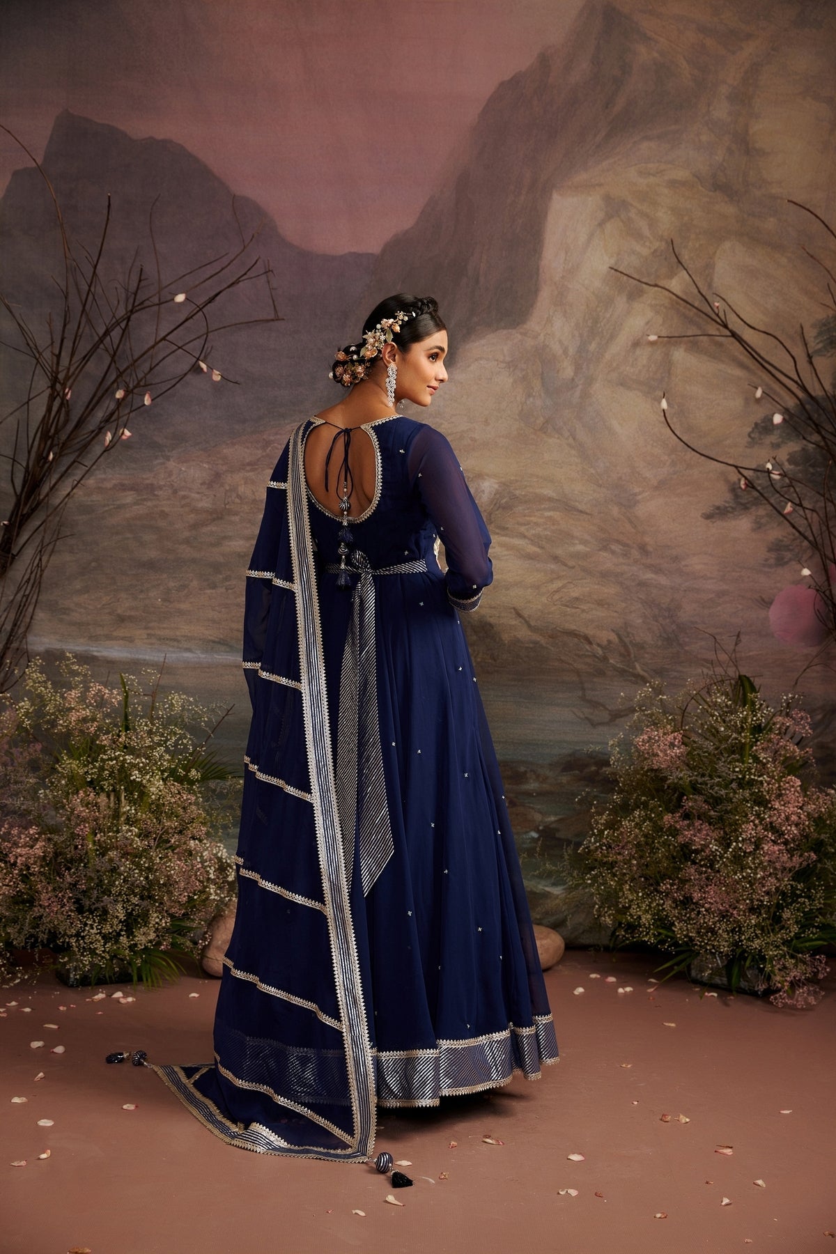 Navy Blue Embroidered Yoke Anarkali Set in Flowy Georgette
