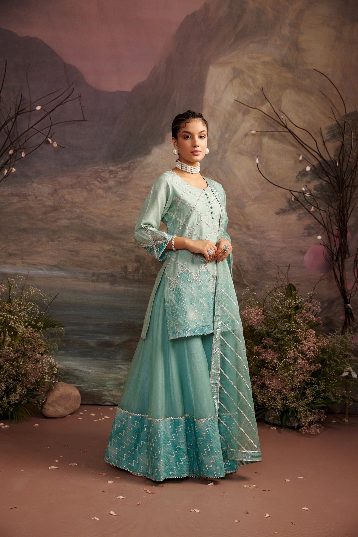 Nazuk Sea Green Embroidered Short Kurta and Gota Sharara Set