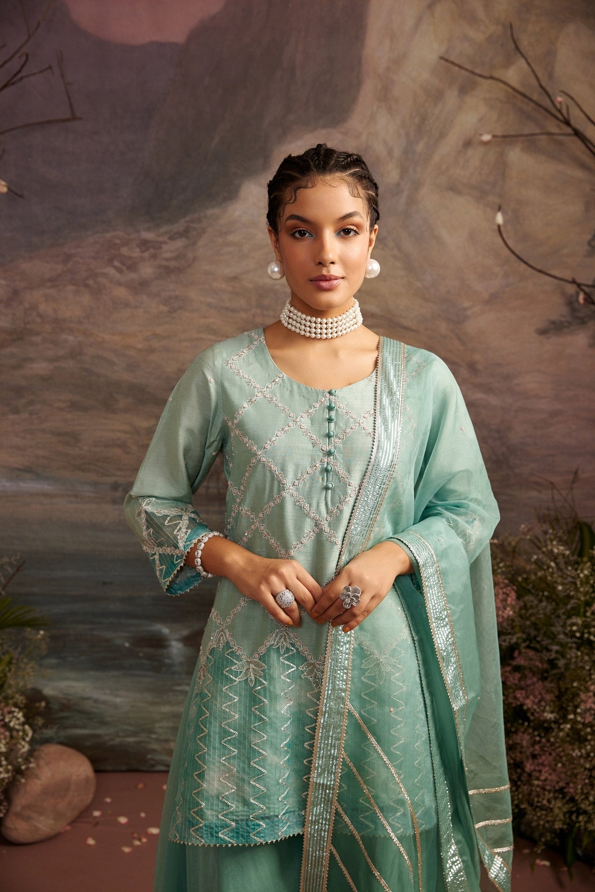Nazuk Sea Green Embroidered Short Kurta and Gota Sharara Set