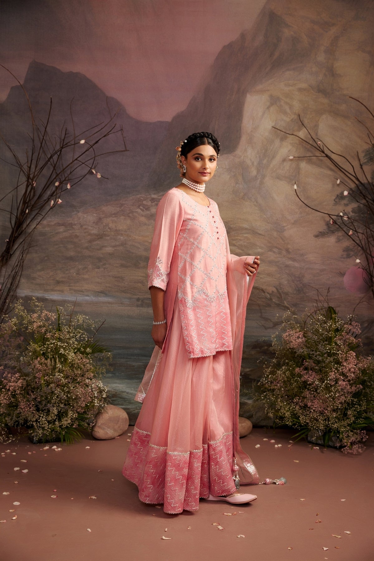 Nazuk Rose Pink Silk Sharara Set with Intricate Gota Embroidery