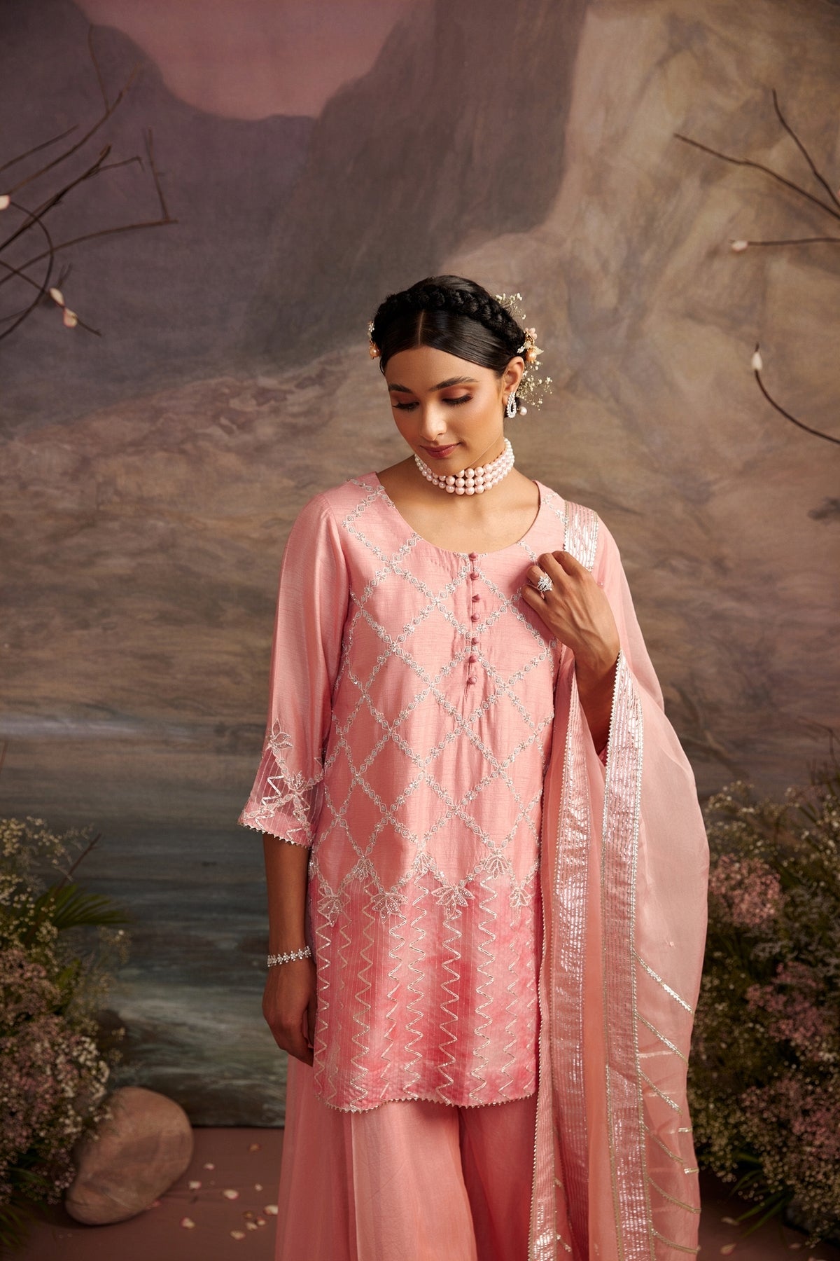 Nazuk Rose Pink Silk Sharara Set with Intricate Gota Embroidery