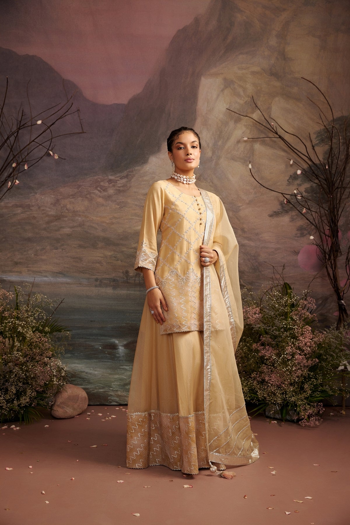 Nazuk Honey Gold Embroidered Sharara Set - Luxury Festive Wear