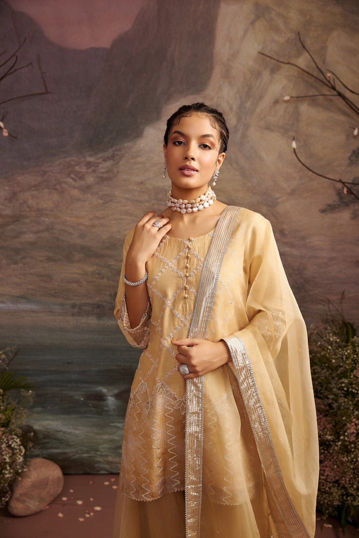 Nazuk Honey Gold Embroidered Sharara Set - Luxury Festive Wear