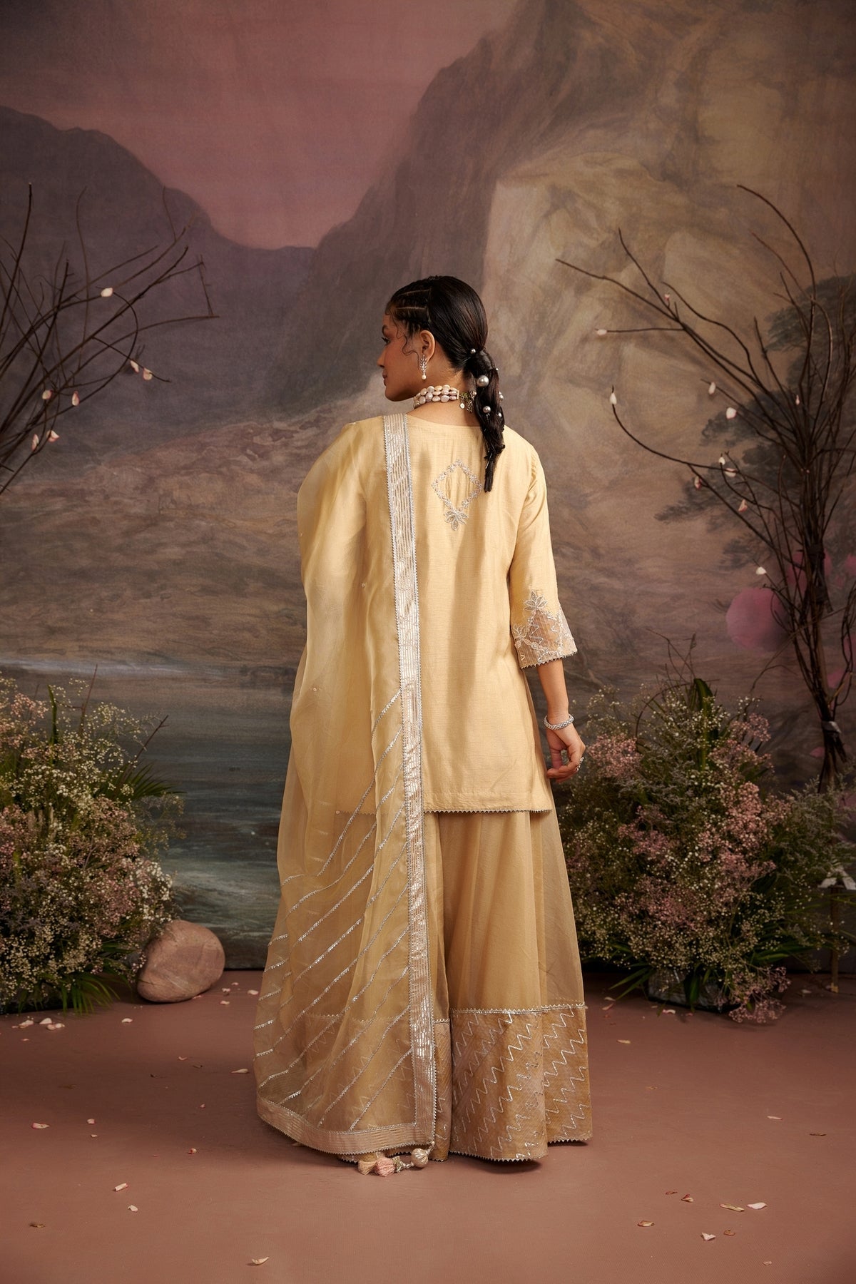 Nazuk Honey Gold Embroidered Sharara Set - Luxury Festive Wear